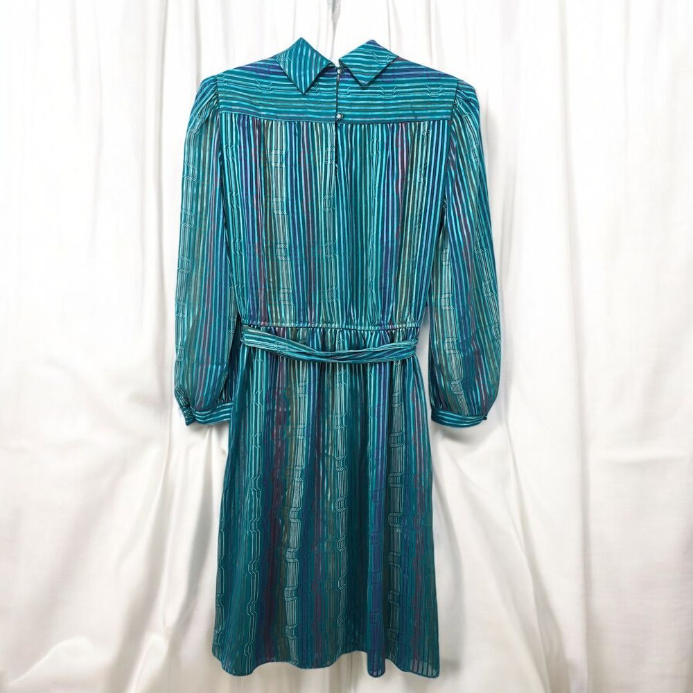 Vintage 80s Marinette Dress 14 Mock Neck Smocked Long Puffy Sleeve Sheer Striped