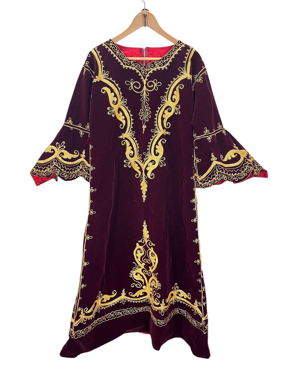 Vintage Burgundy Velvet Gold Embroidered Caftan Boho Dress Bell Sleeve