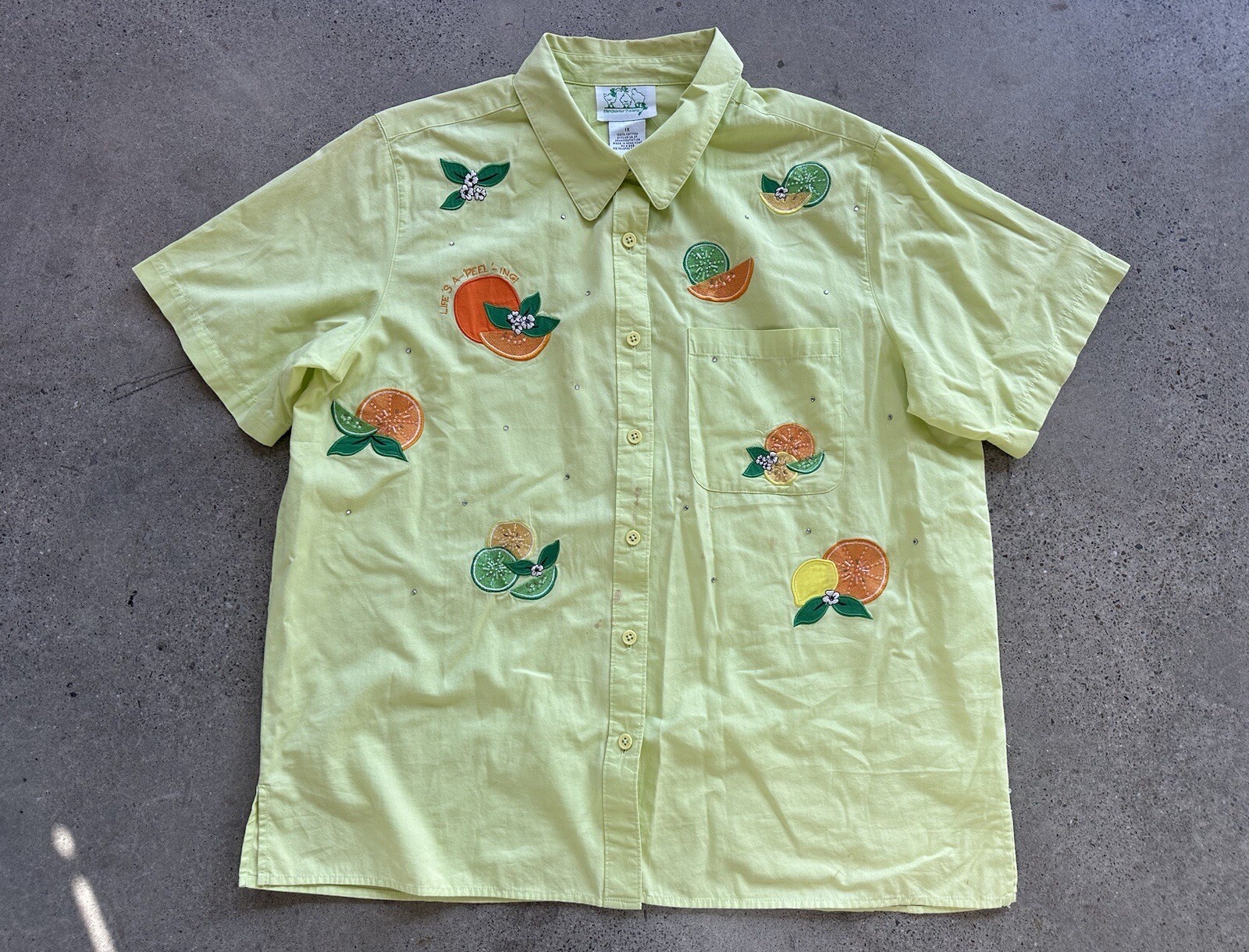 Vintage The Quaker Factory Yellow Cotton Embroidered Lemon Lime Orange Shirt 1X