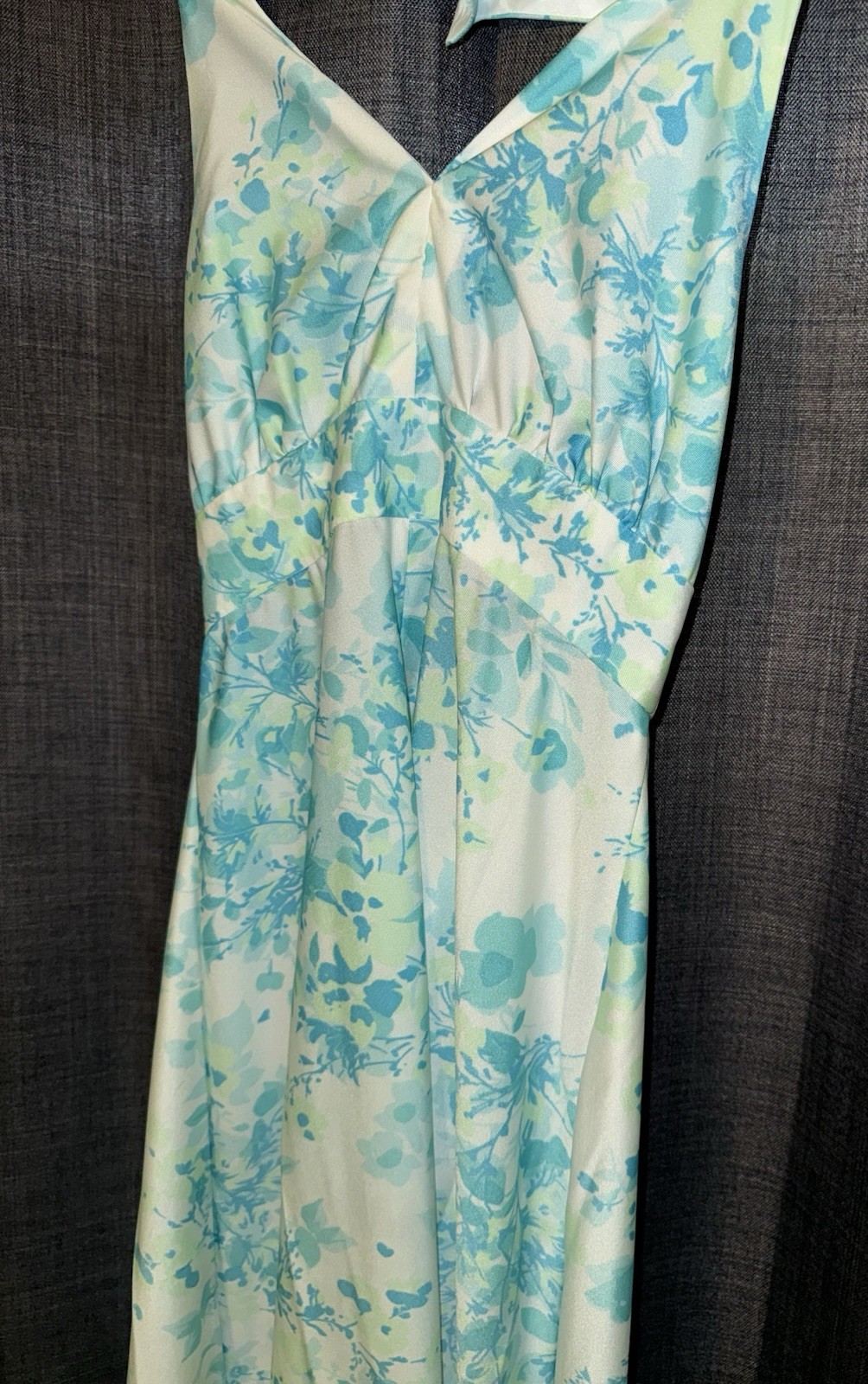 VTG 70’s Halter Maxi Dress Women’s XS SM Blue Green Floral Rayon Silky Summer