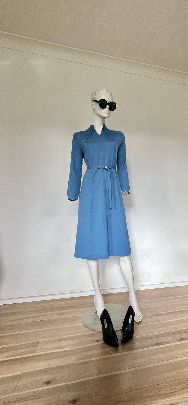Vintage 60s 70s Le Donna Sky Blue 100% Wool Knit Stretch Belted Dress Hong Kong