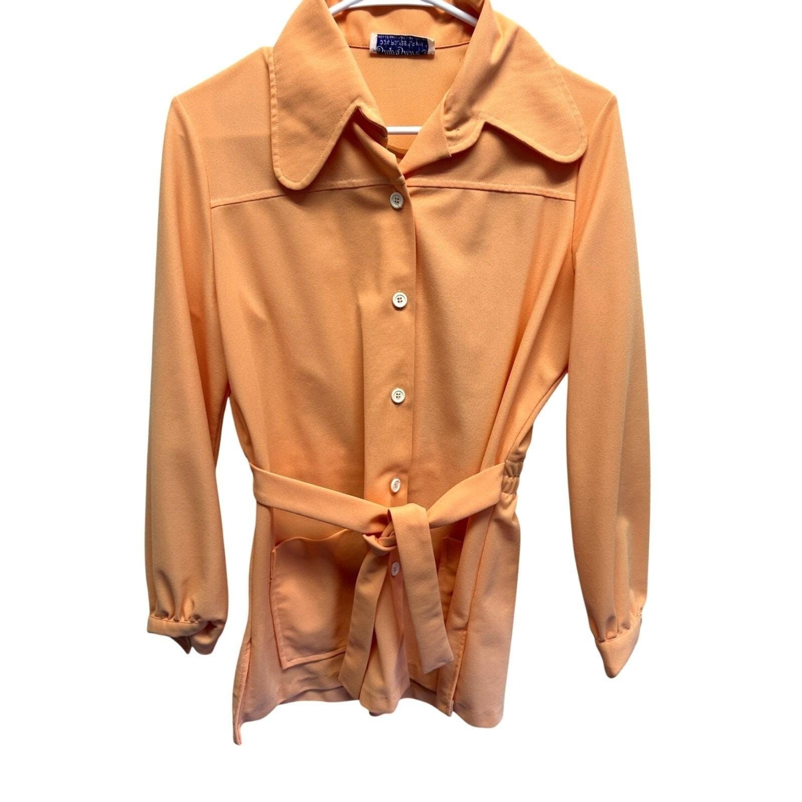 Ship n Shore Vintage 70s Peach Orange Polyester Knit Belted Button Down Shirt 16