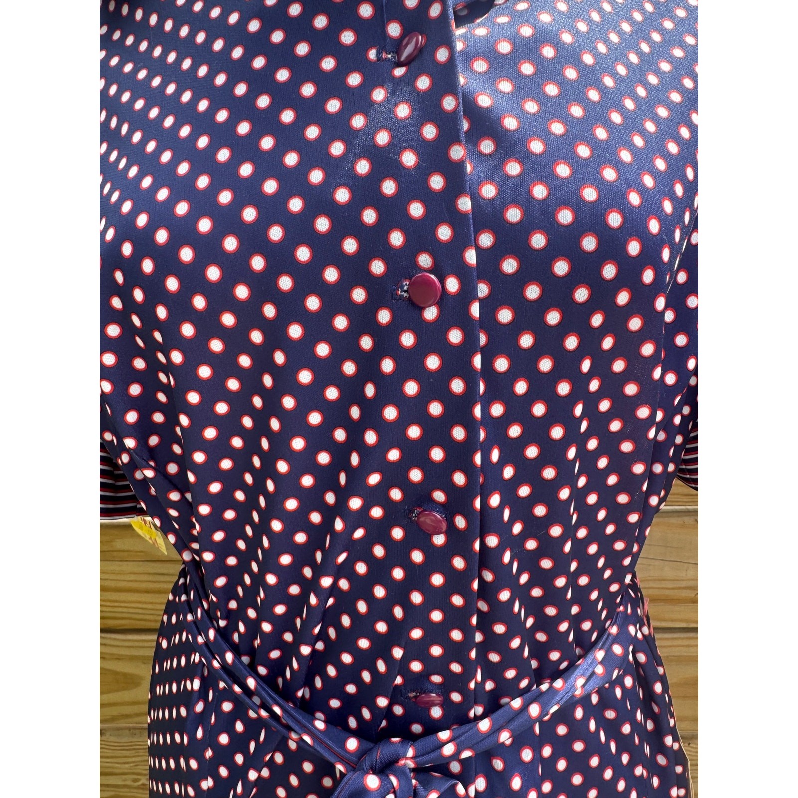 Vintage 1970s Polka Dot Dress Damon Navy Blue Red Secretary Shirt Dress NWT L XL