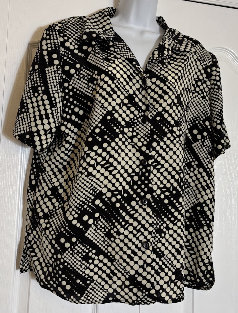 Vintage Y2K Leslie Fay Button Up Shirt Black w Ivory Dots 80’s 90’s Y2K Size 16W