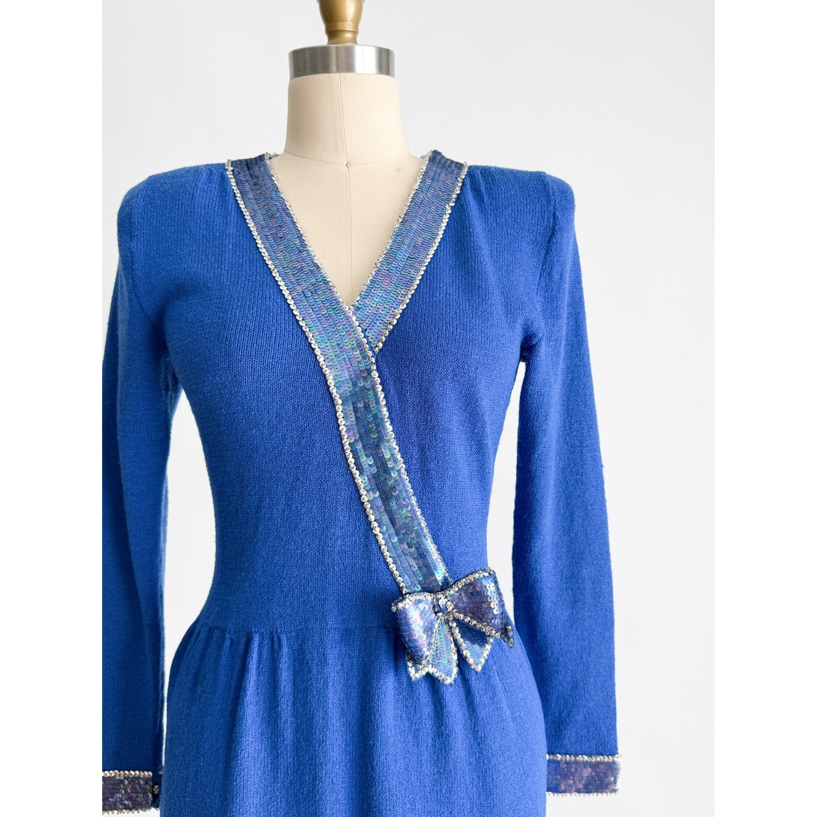 Don Sayres Wellmore Vintage Knit Dress Sequin Bow Blue Wool Blend Midi Blue S-M