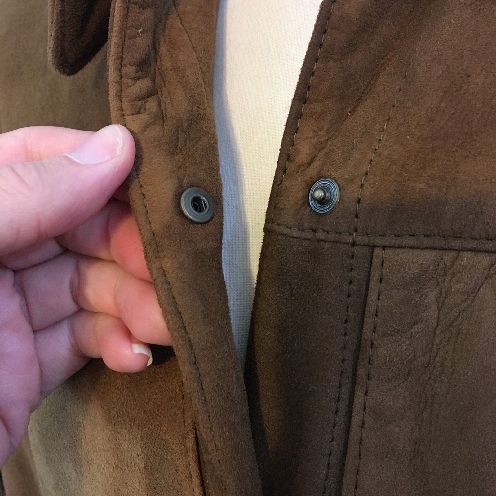 Womens Vintage 80s Brown Leather Shirt Jacket, Snap Front, sz 10, 42 chest