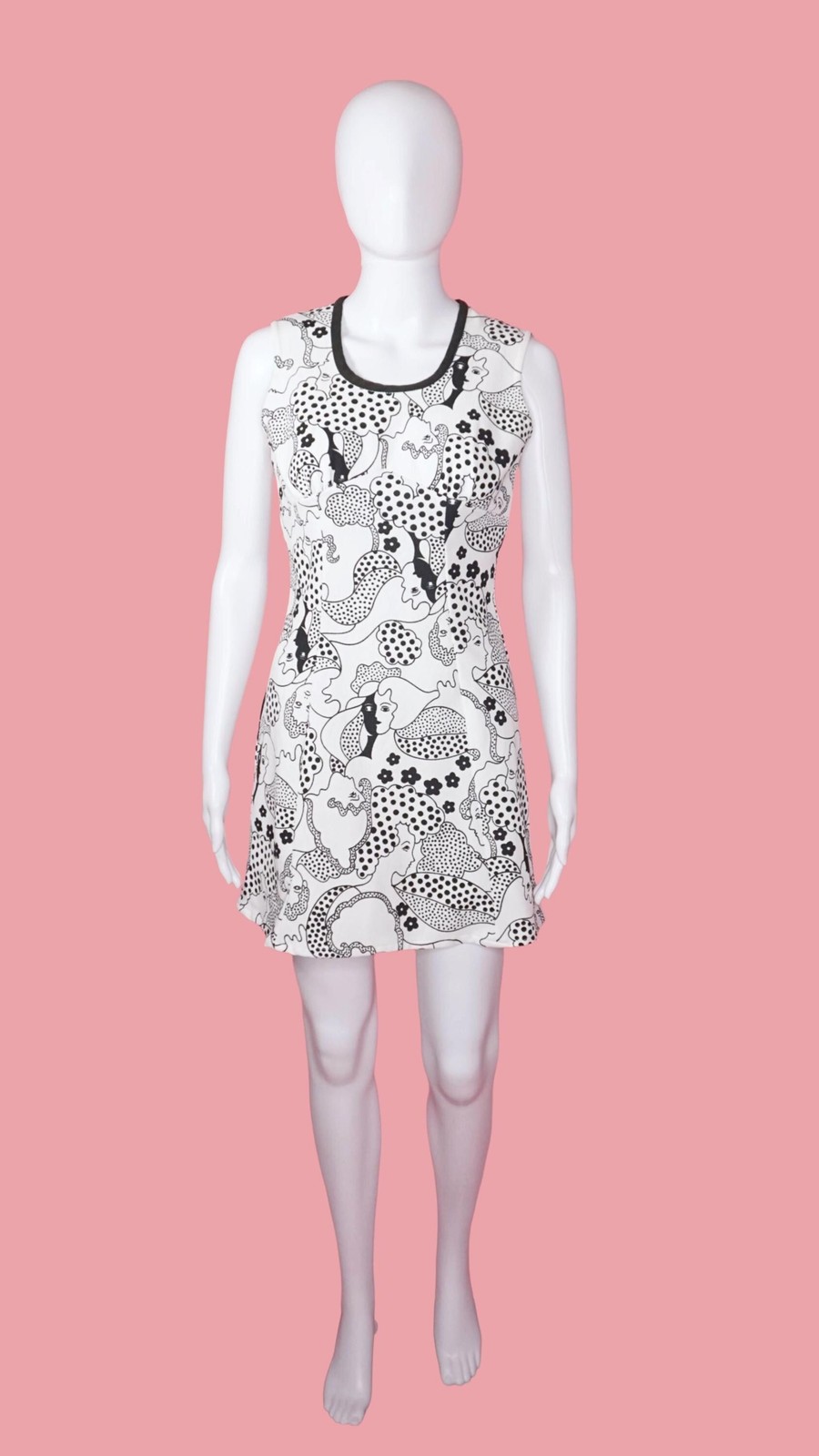 1960s MOD FACE Print SURREALIST OP Art Dot Whimsical Mini Dress. XS-S. AS IS