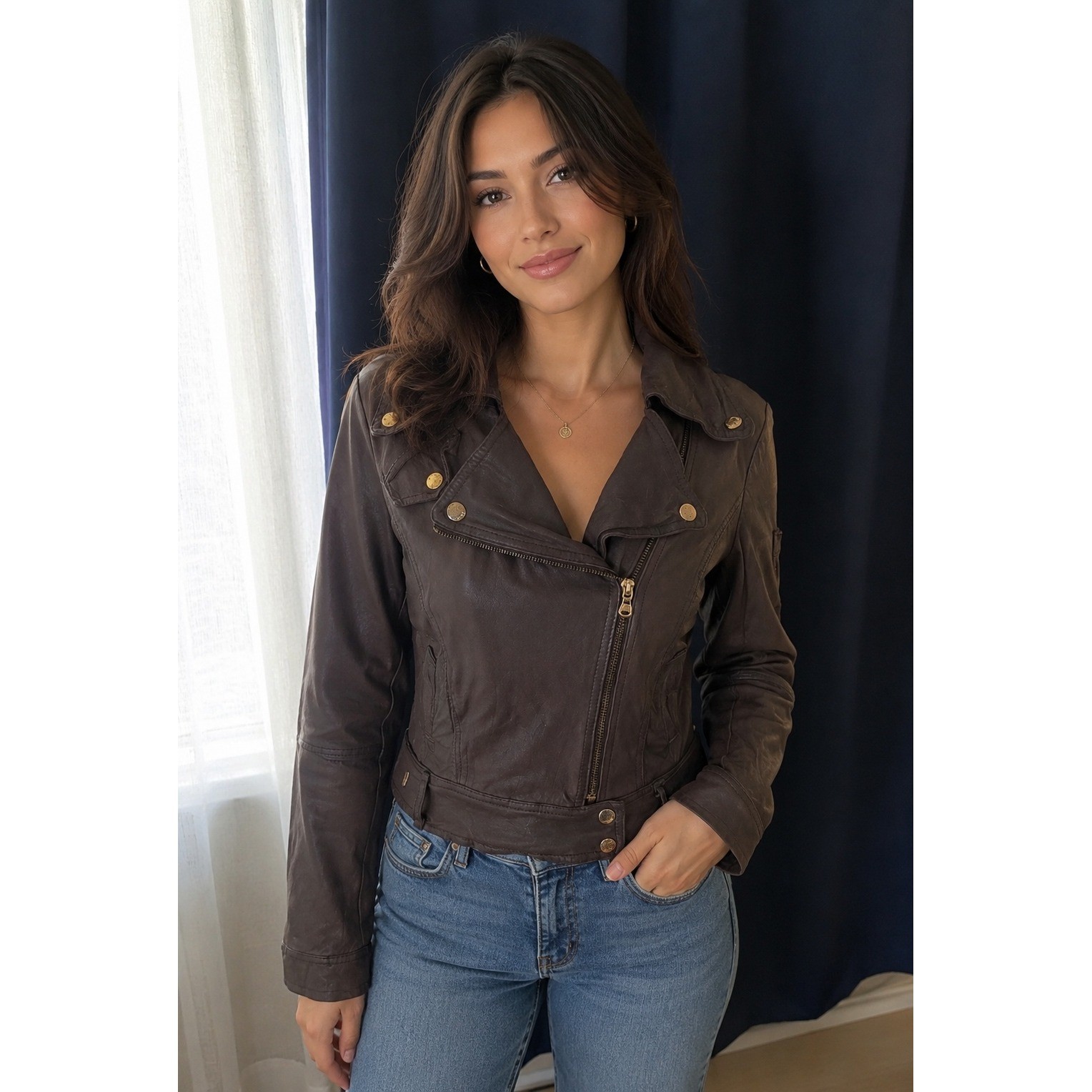 Vintage Guess Brown Leather Asymmetrical Zip Moto Jacket