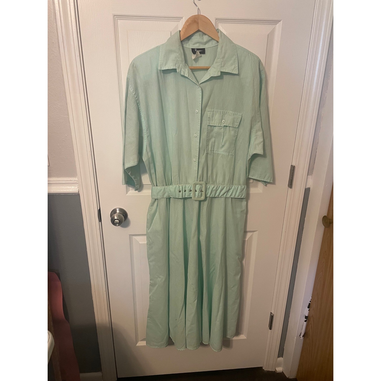 Vintage 1980s Mint Green Belted Shirt Dress Made in USA Size 18 Plus Size