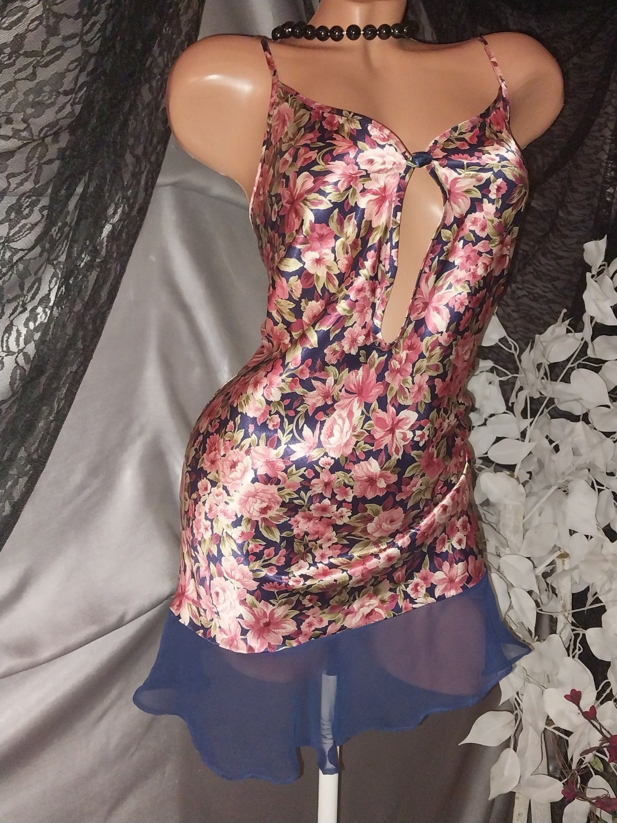 Vtg Satin Shiny CHIFFON RUFFLES FLORAL BABYDOLL CHEMISE NIGHTGOWN LINGERIE M