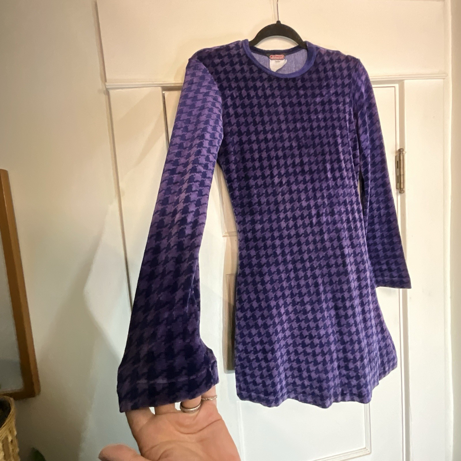 Vintage 90’s Diesel Velour Houndstooth Check Mini Dress Long Sleeve Size L RARE