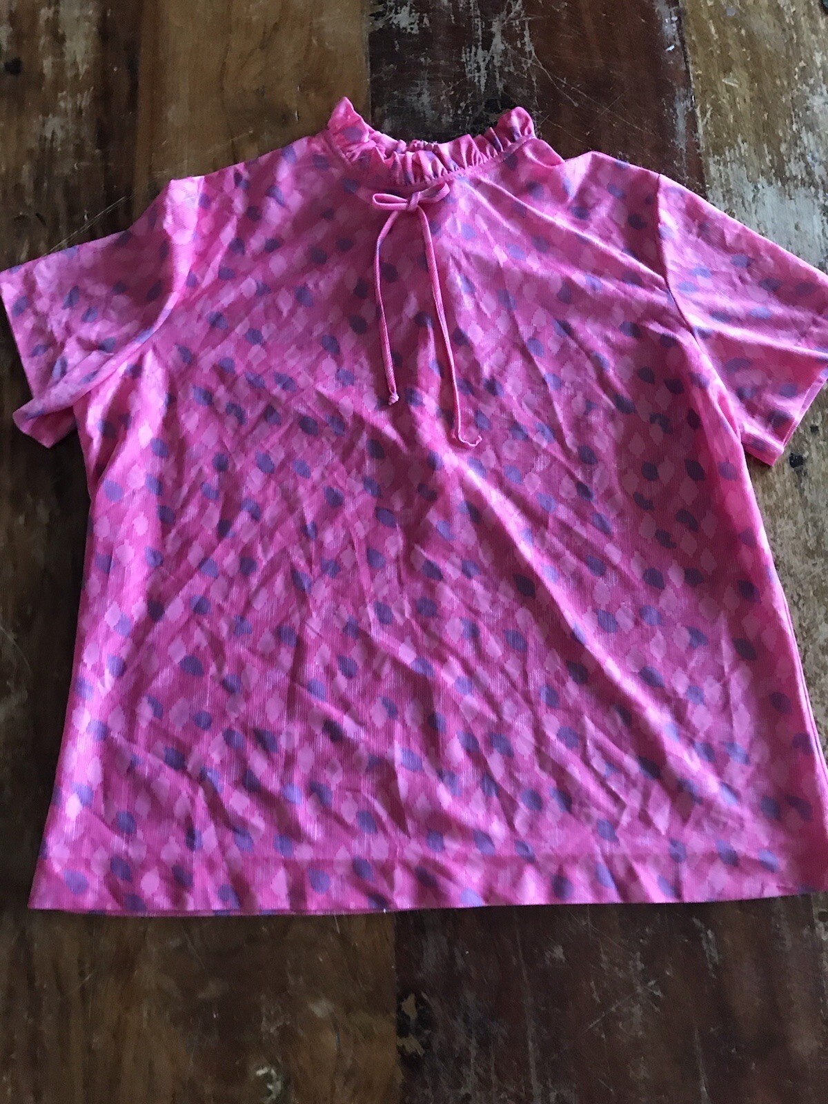 Vtg 70s pink periwinkle secretary blouse ruffle collar bow tie bright office