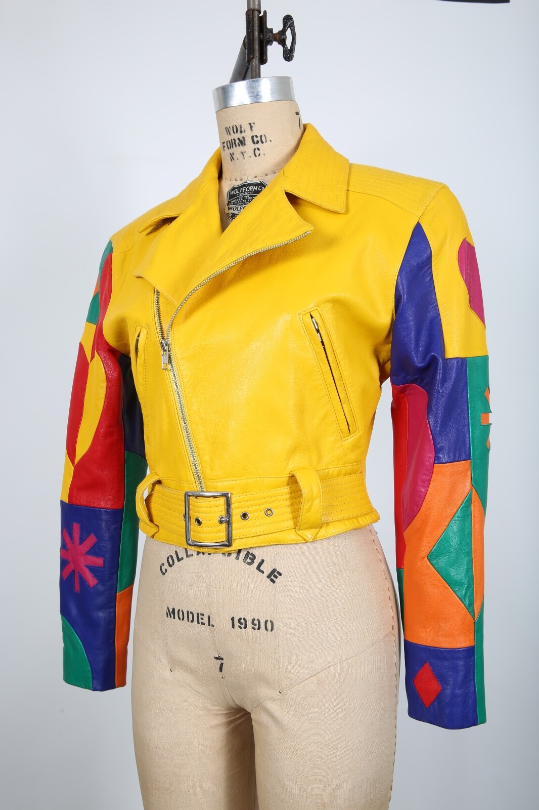 North Beach Leather Yellow Multi Color Patchwork Leather Jacket 80s 90s