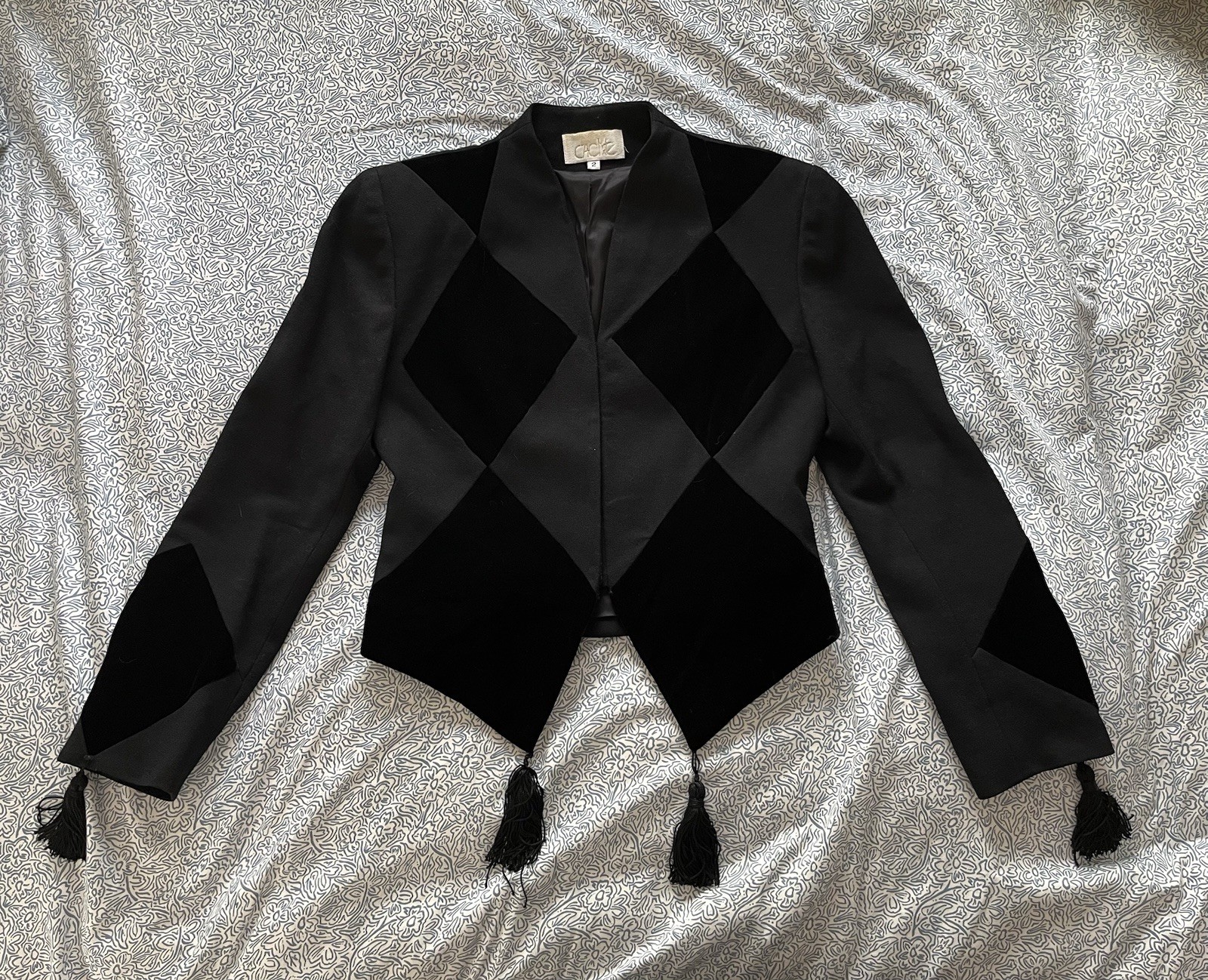Amazing Vintage Cache Black Wool & Velvet Harlequin Crop Jacket Tassels Sz 2/XS