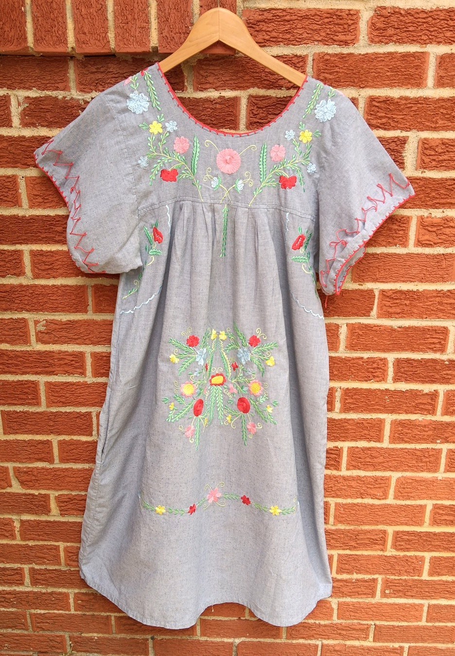 Vintage Advantique House Dress Muumuu L Floral Embroidered Denim Granny Core