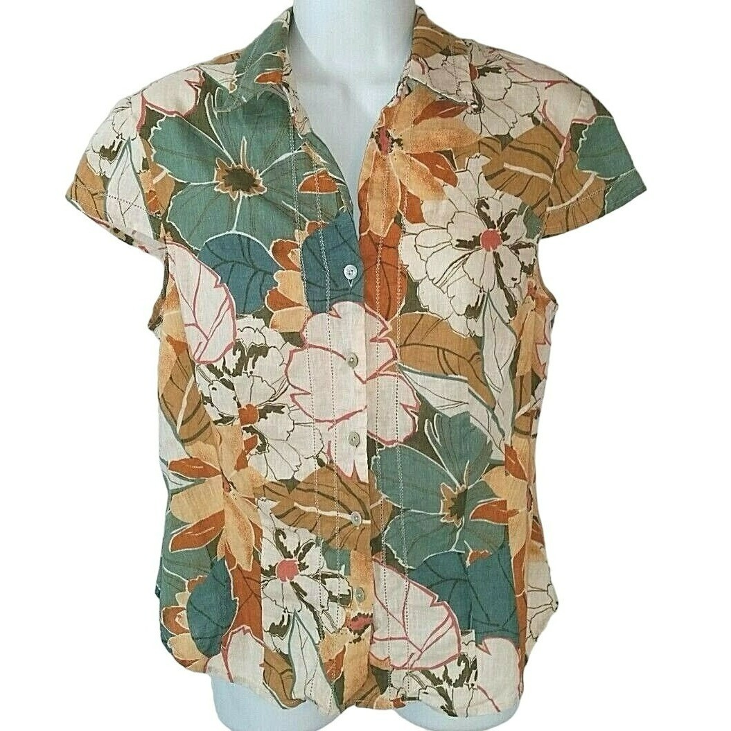 Vtg Floral Hawaiian shirt size 10 Jones Wear tan green short sleeve button up
