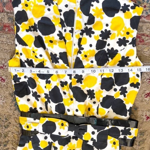 Sunny 1960’s Mod Yellow High Collar Abstract Flower Print Dress 2 Bow Belts VNTG