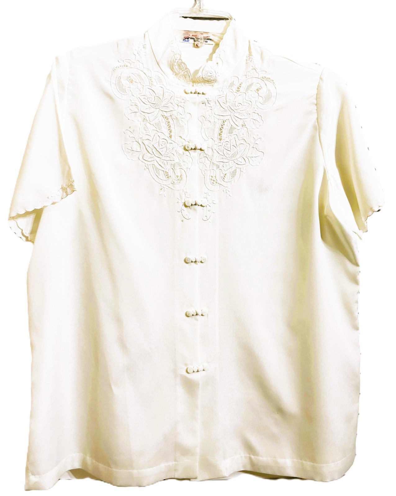 Rose Brand Chinese White Silk Hand Embroidered & Cutwork Blouse Top Sz 42