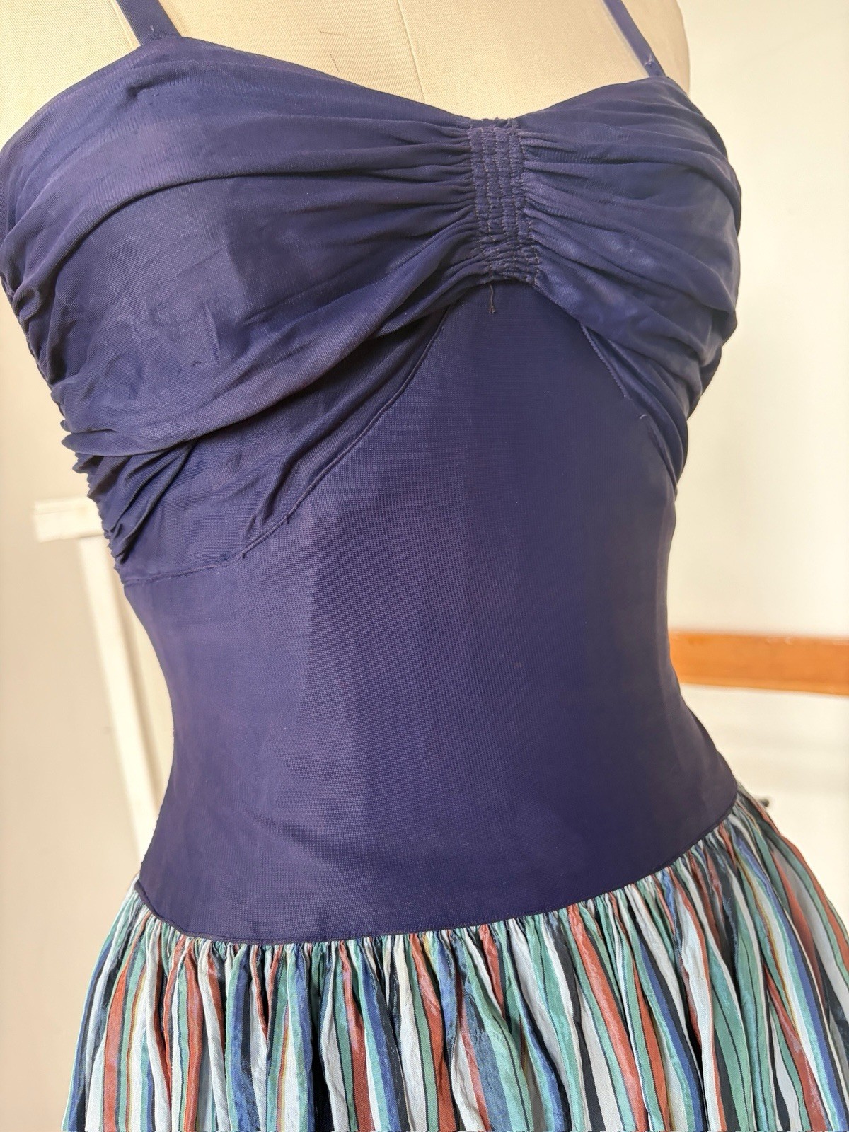 Vintage 40s Rayon Maxi Dress Ruched Bodice Colorful Striped Full Sweep Skirt XXS