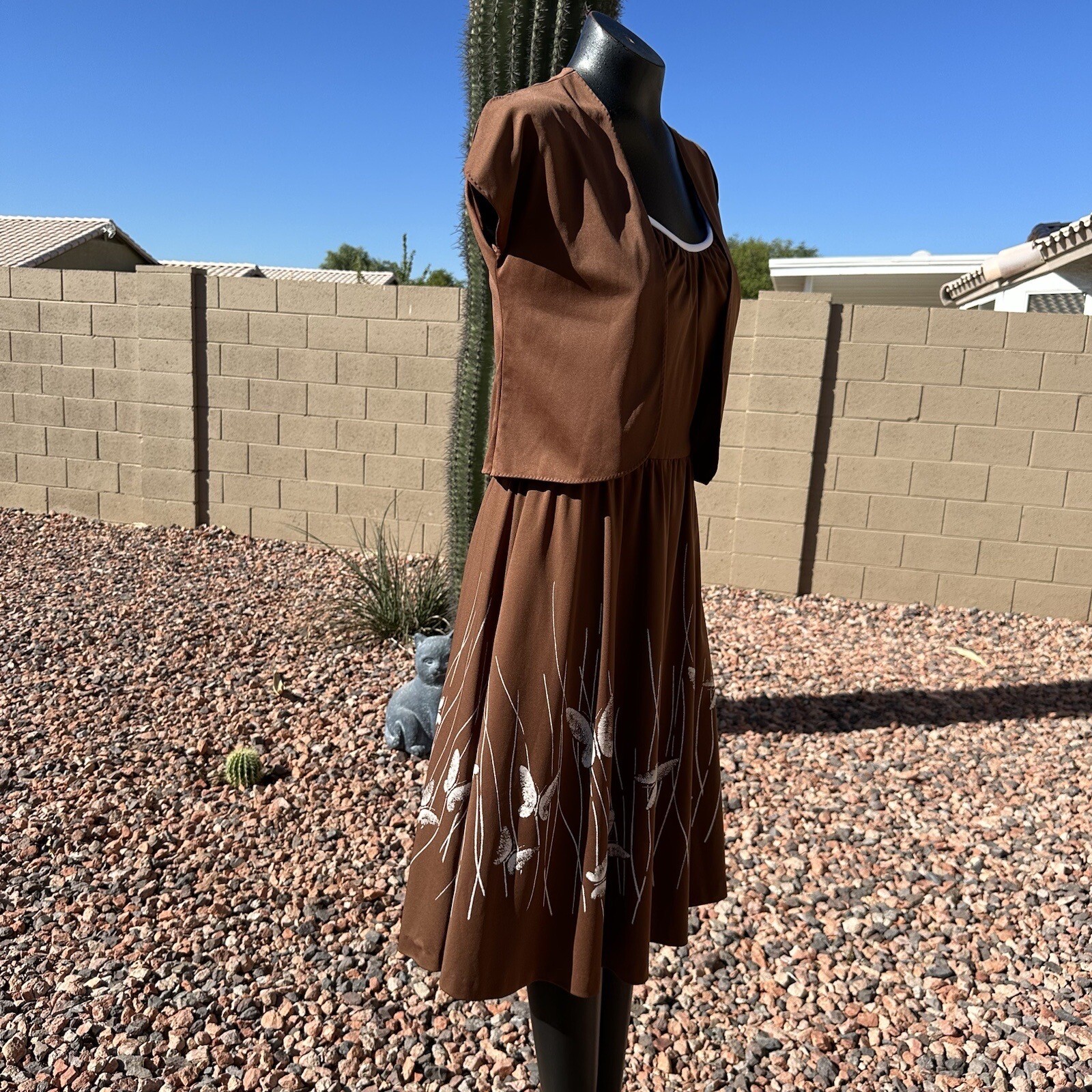 Vintage 70s Alfred Shaheen Brown Pleated Butterfly Dress Bolero Set Fits Sz 8