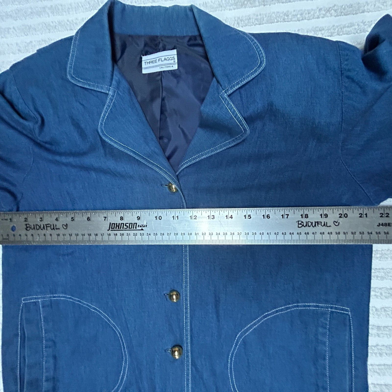Vintage Three Flaggs Womens Denim Blazer Jacket Size L/XL Blue Casual Buttons