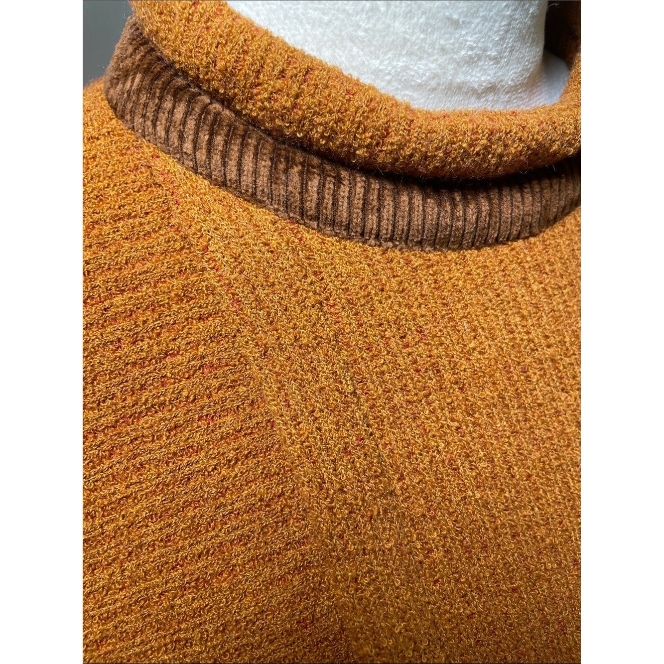 Vintage SPAZIO Italy Wool Knit Dress Orange Funnel Neck Velvet Trim Midi Maxi L