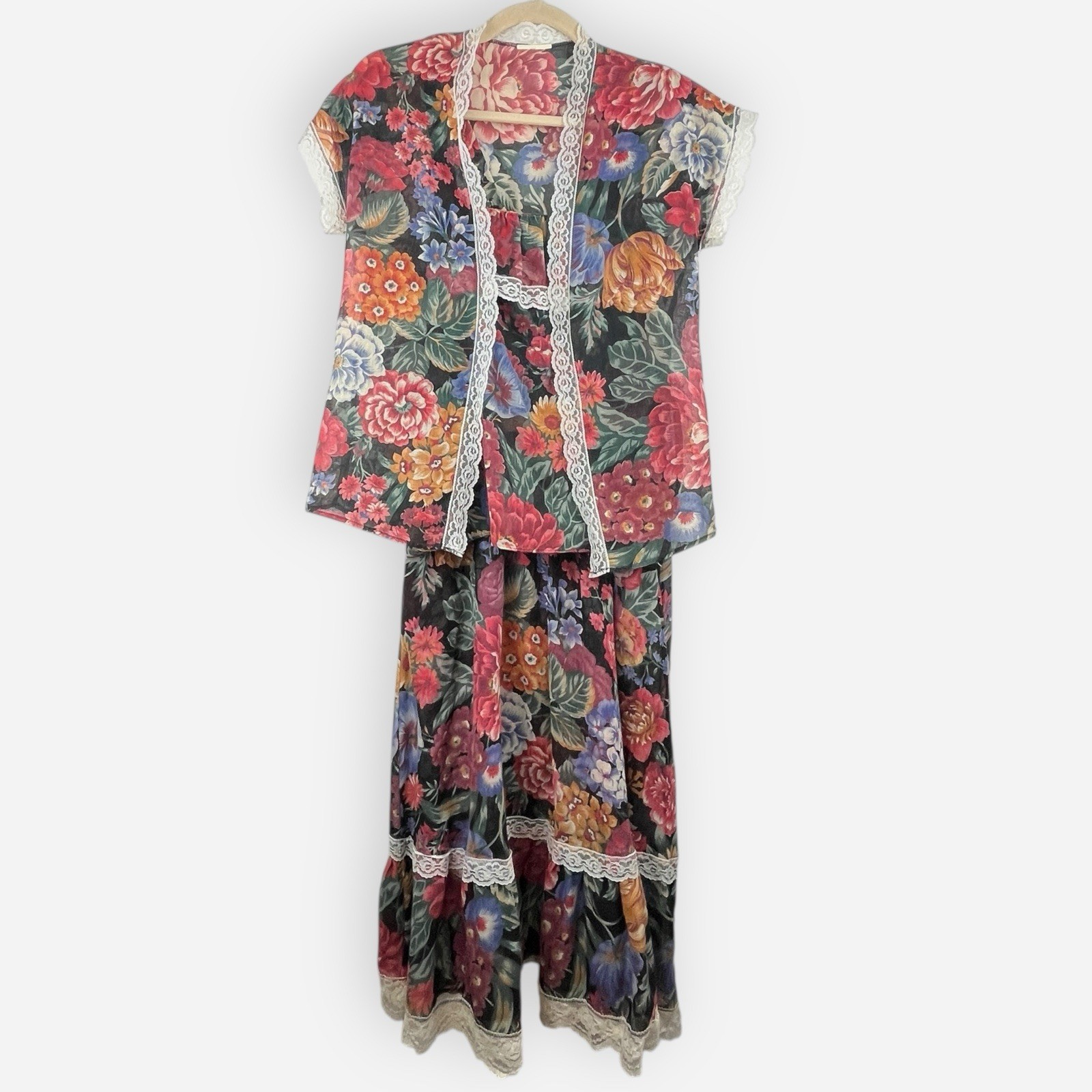 Vintage California Connection 70s 3 Piece Top Skirt Jacket Set Floral Lace Sheer