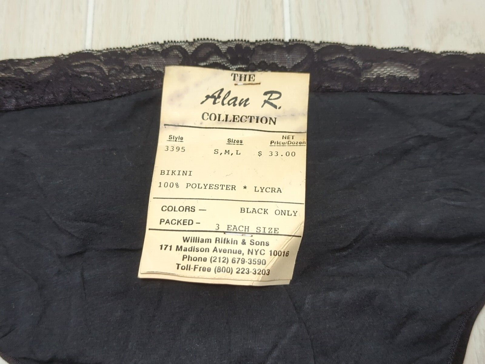 Alan R vintage Small panties black lace top polyester lycra USA made SAMPLE tag