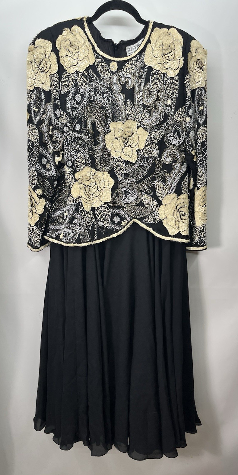 Vintage Black Tie He-Ro Dress 16 Heavily Beaded Sequin Sz 16 Full Chiffon Skirt