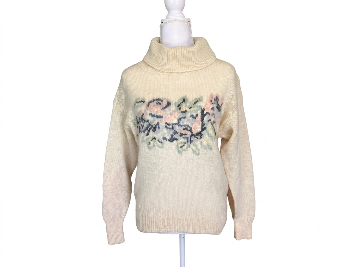 Vintage Grandma Turtleneck Sweater Floral 1980s 100% Shetland Wool
