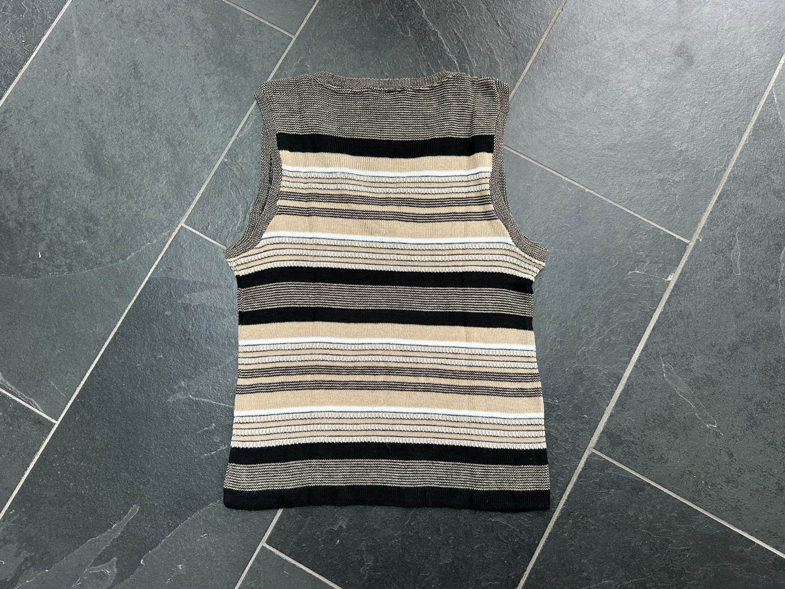 Vintage 1970s Tan Black and White Stripe V Neck Sweater Vest Campus Casual