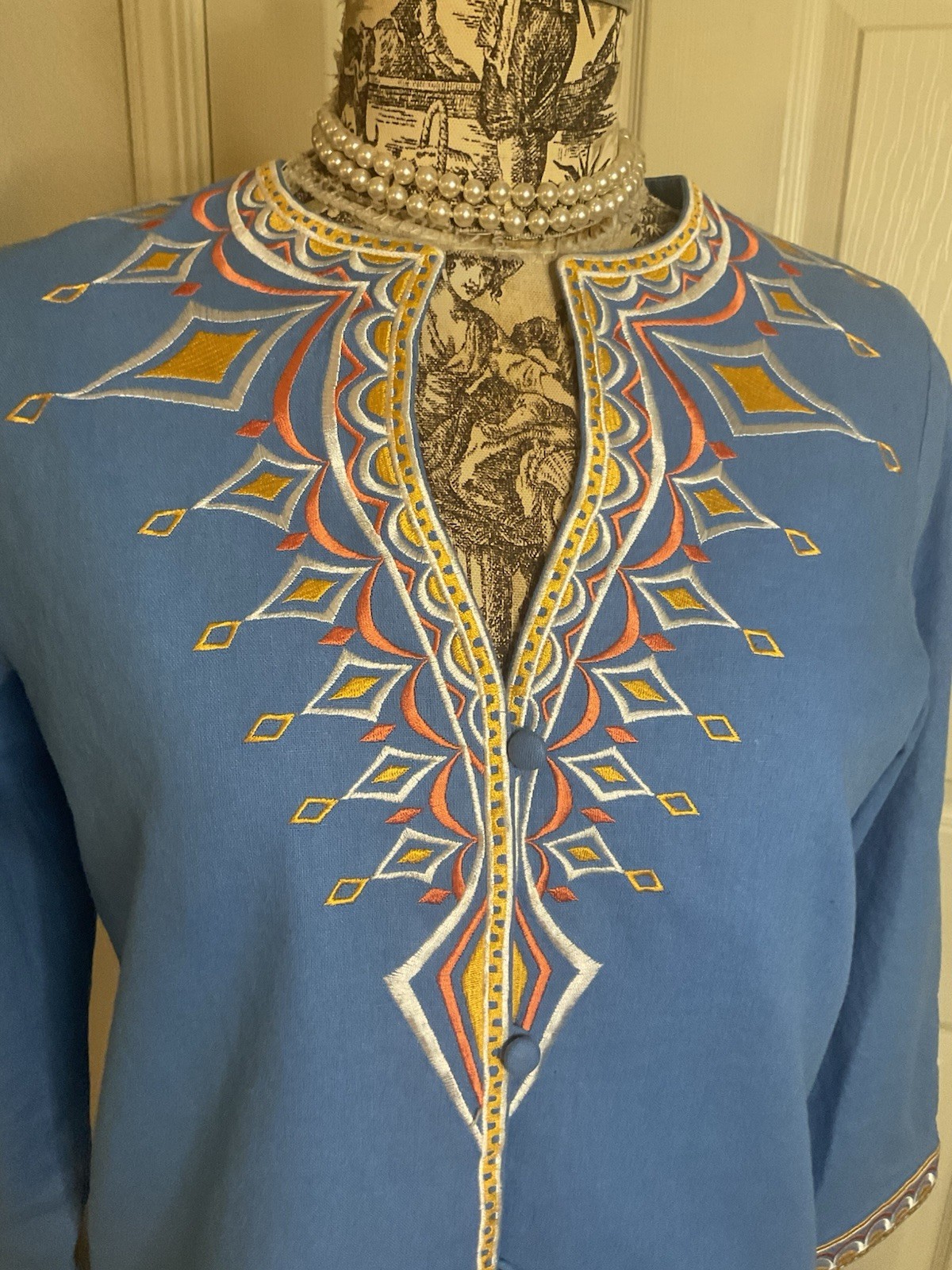 Vintage Bob Mackie Wearable Art Linen Rayon Denim Embroidered Tribal Top S