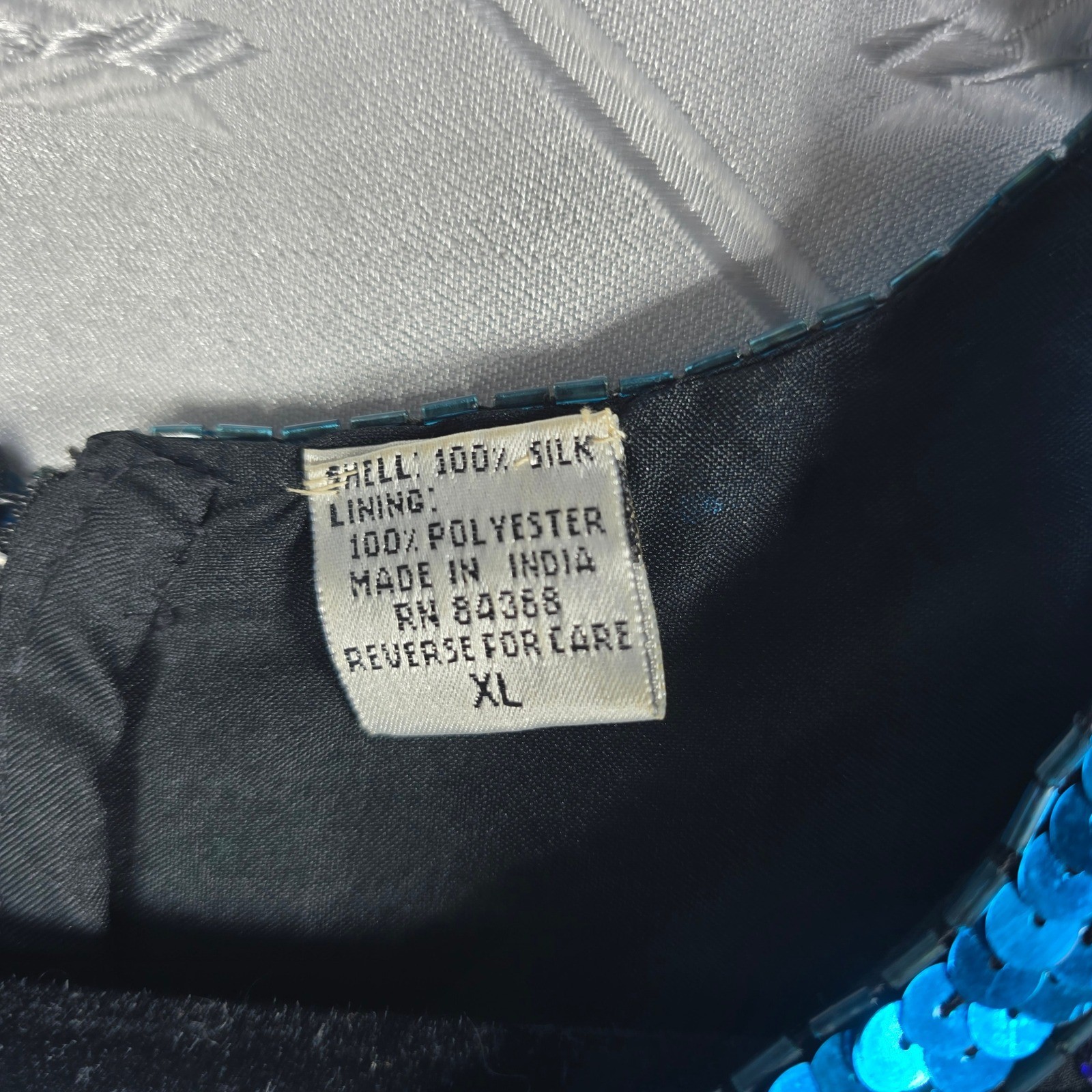 Laurence Kazar Top Womens XL Vintage Black Blue Teal Sequin Beaded Silk EUC