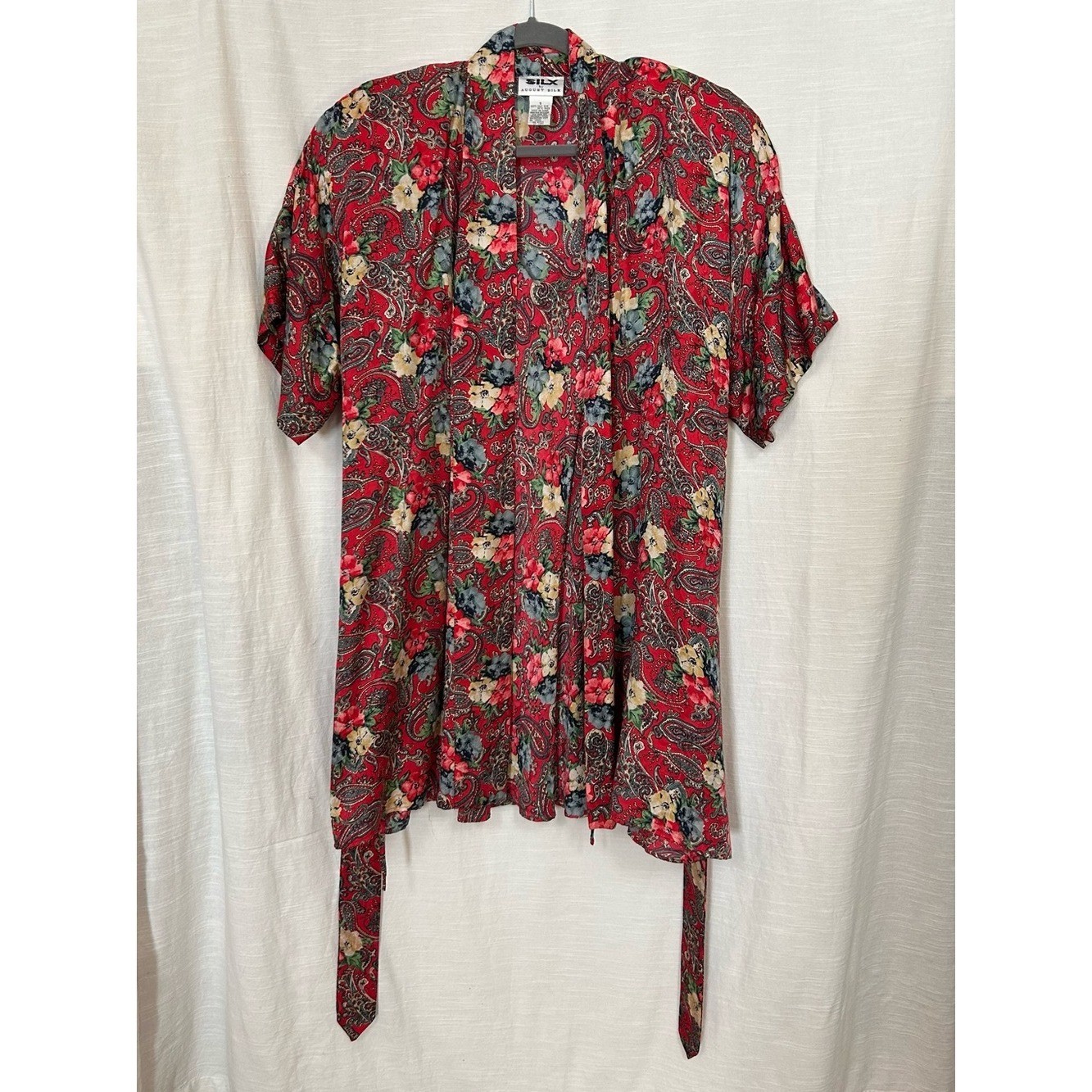 100% Silk Vintage august silk Floral Paisley Tie-Waist Mini Slip Dress & Robe