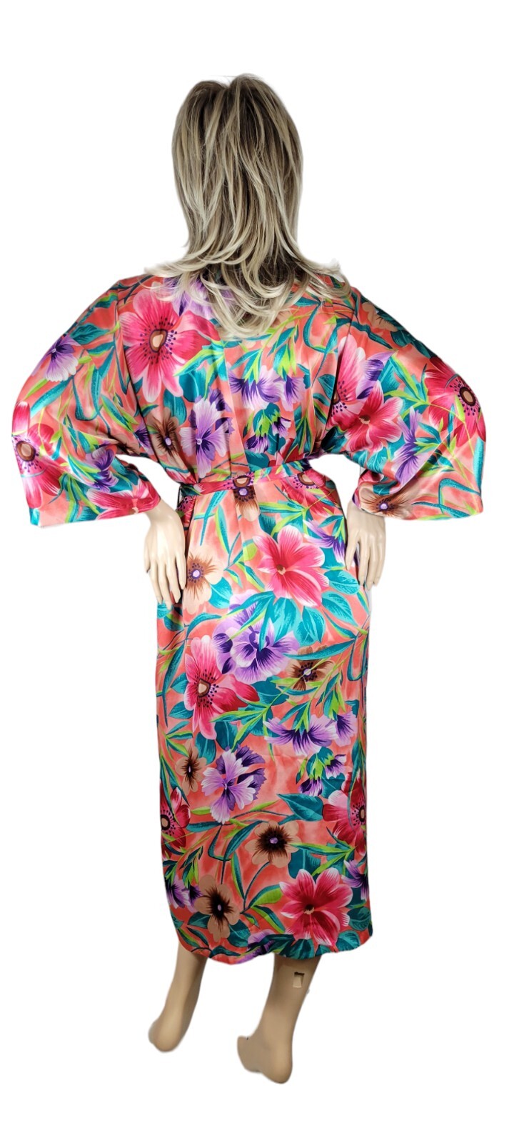 Vtg Sears Just For Women Tropical Floral Satin Maxi Caftan Kimono Robe One Size