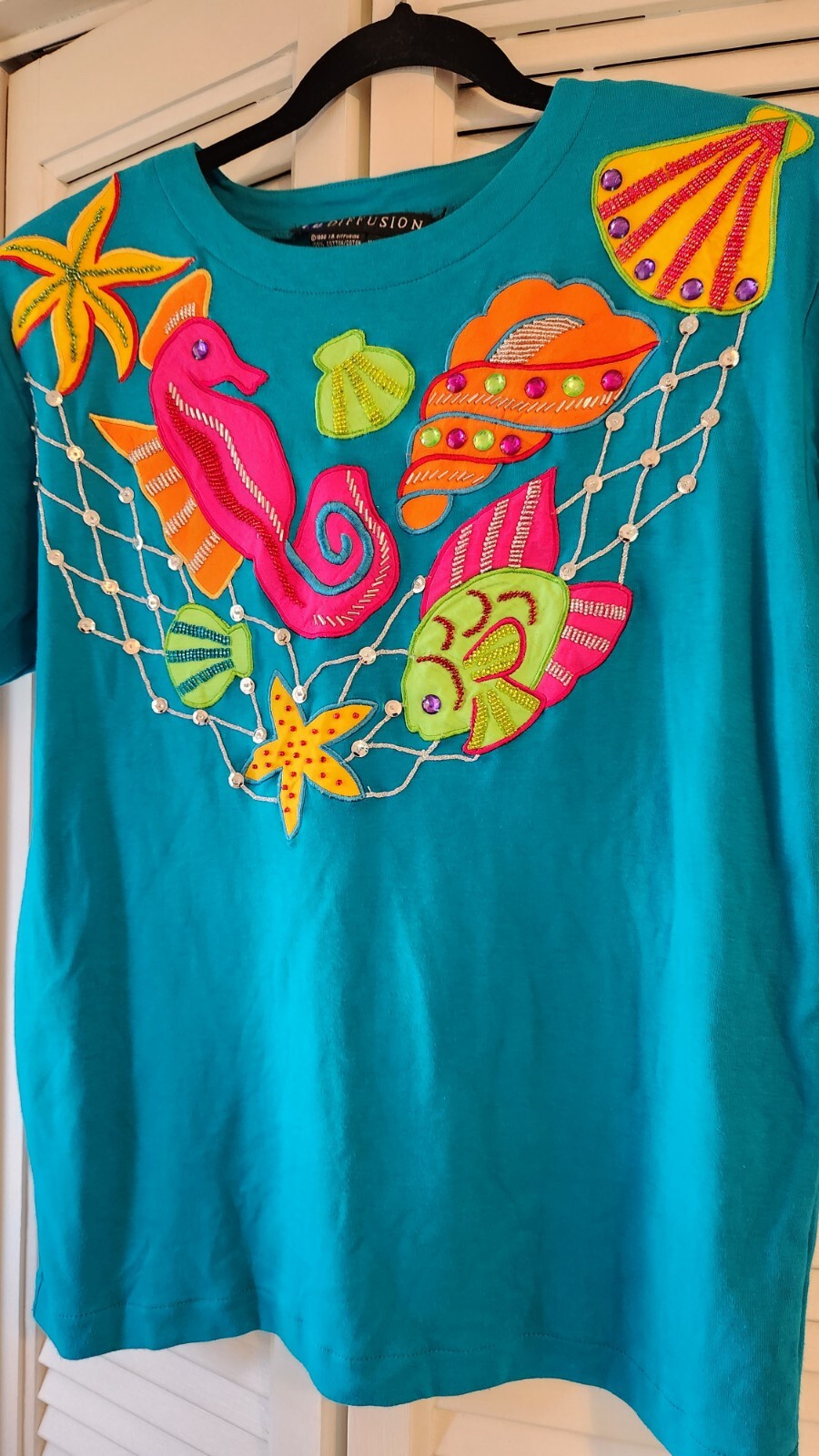 Vintage 1992 I.B. Diffusion Beach Theme Turquoise Sequin Shirt Size Medium 90s