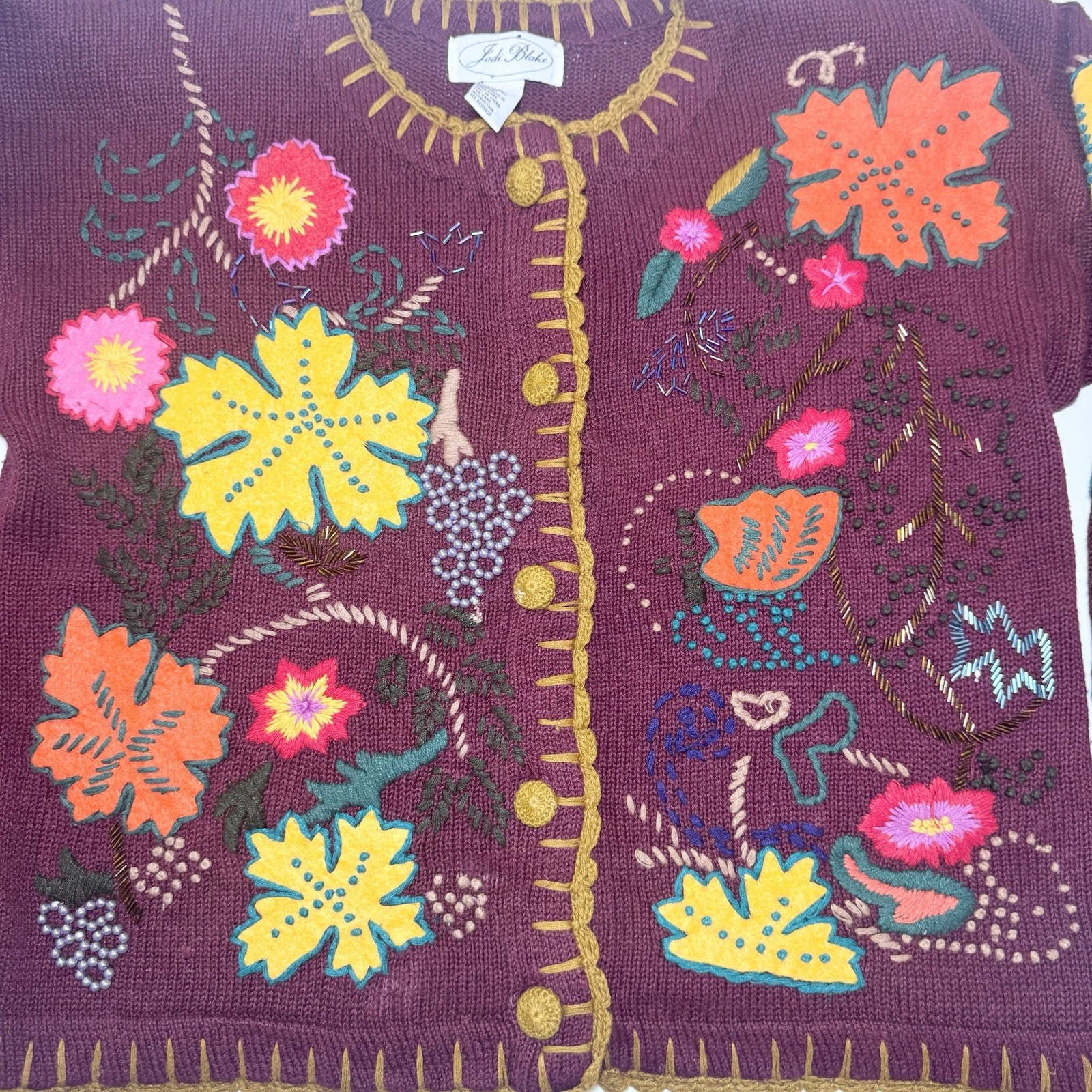 Jodi Blake Embroidered Cardigan L Fall Beaded Knit Folk Art to Wear Maximalist