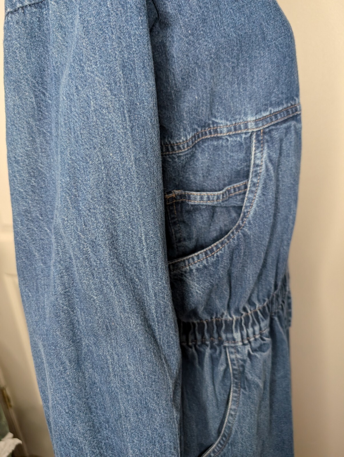 Vintage 1980s IDEAS Denim Jumpsuit Made In USA Medium Excellent Snap 3/4 Sleeves