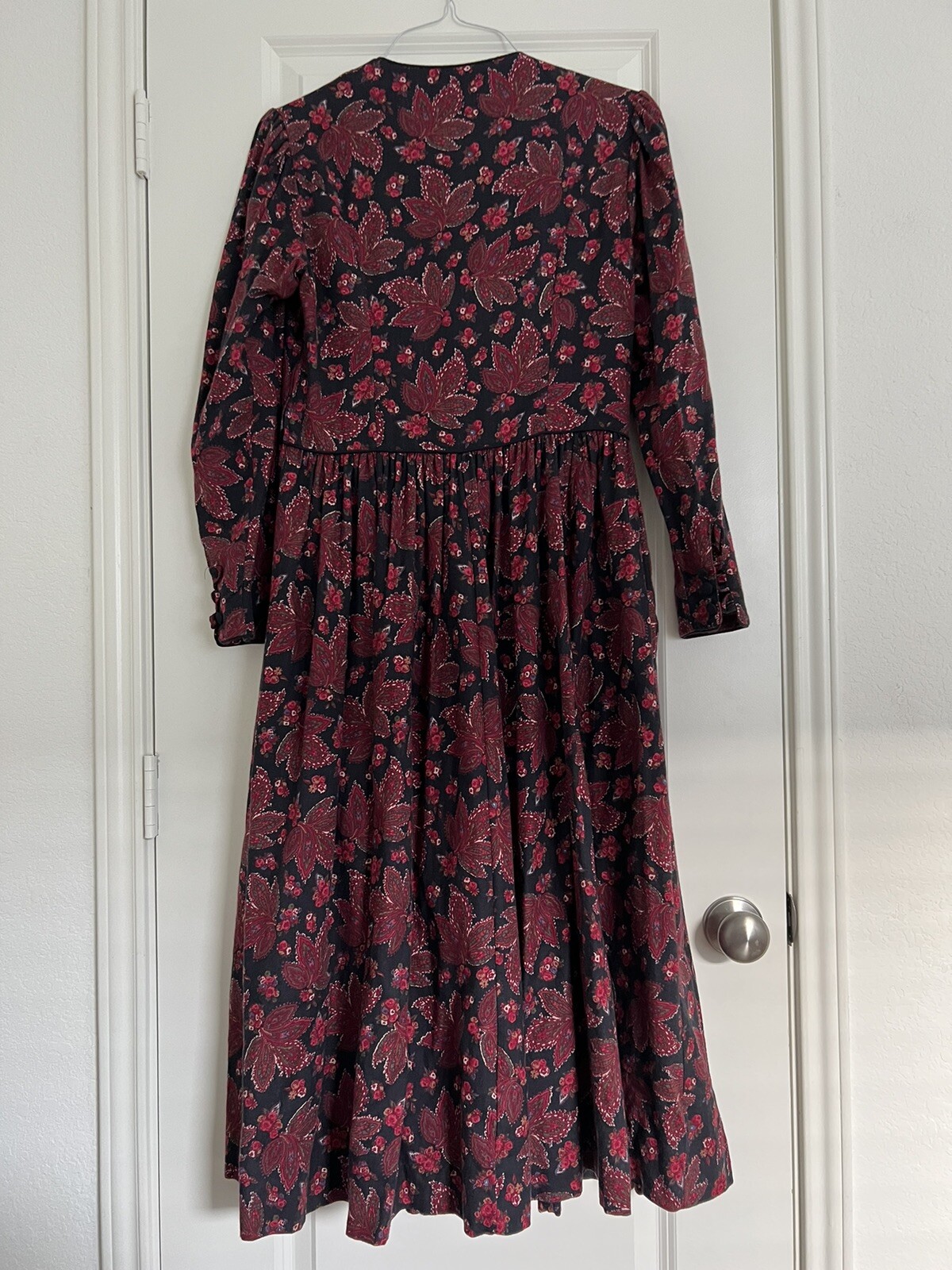 LAURA ASHLEY Black Burgundy Long SLEEVE VICTORIAN DRESS US 12 UK 14 100% Cotton