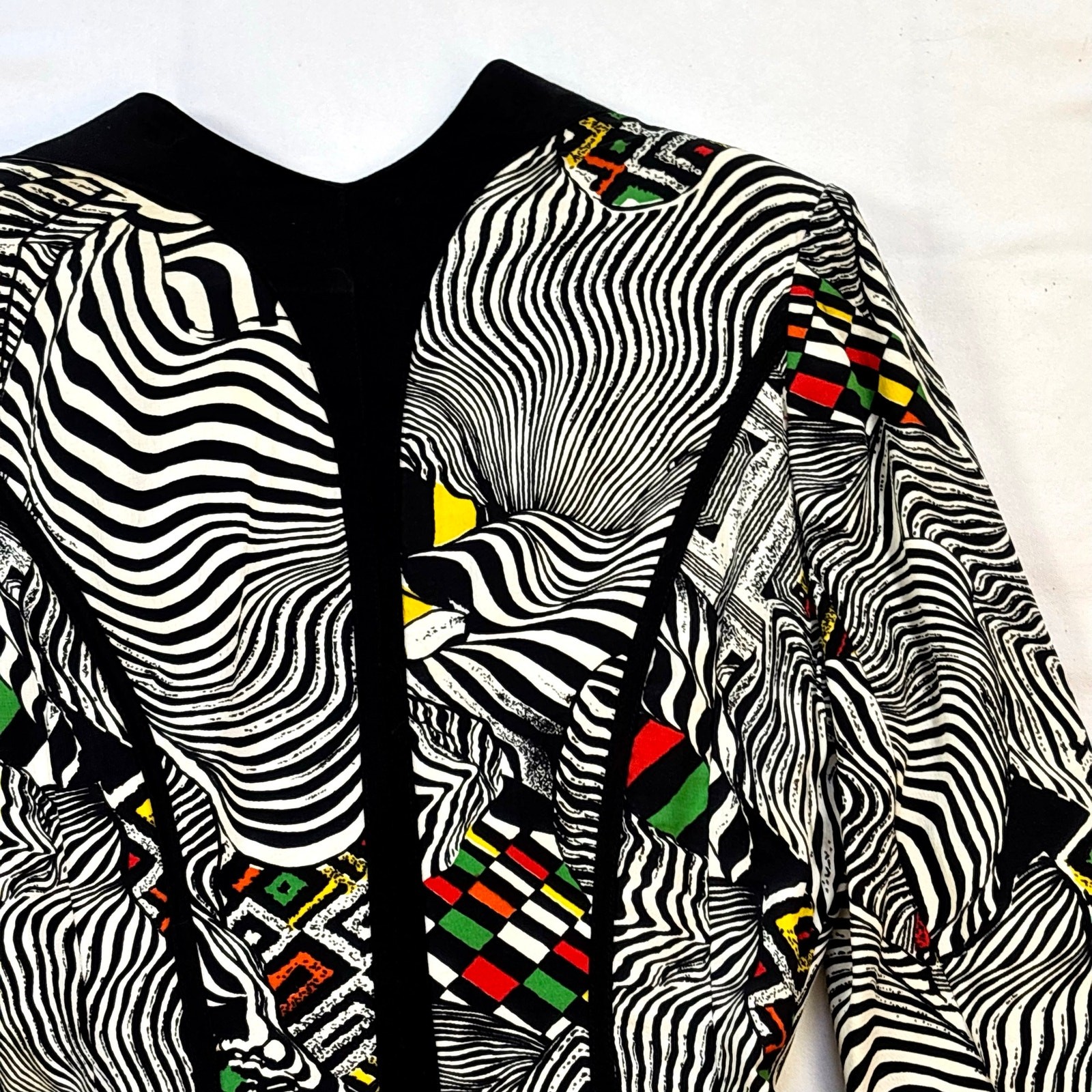 1980s IIF Zebra Geometric Print Skirt Set Blazer Car Wash Fringe Mini Two Piece