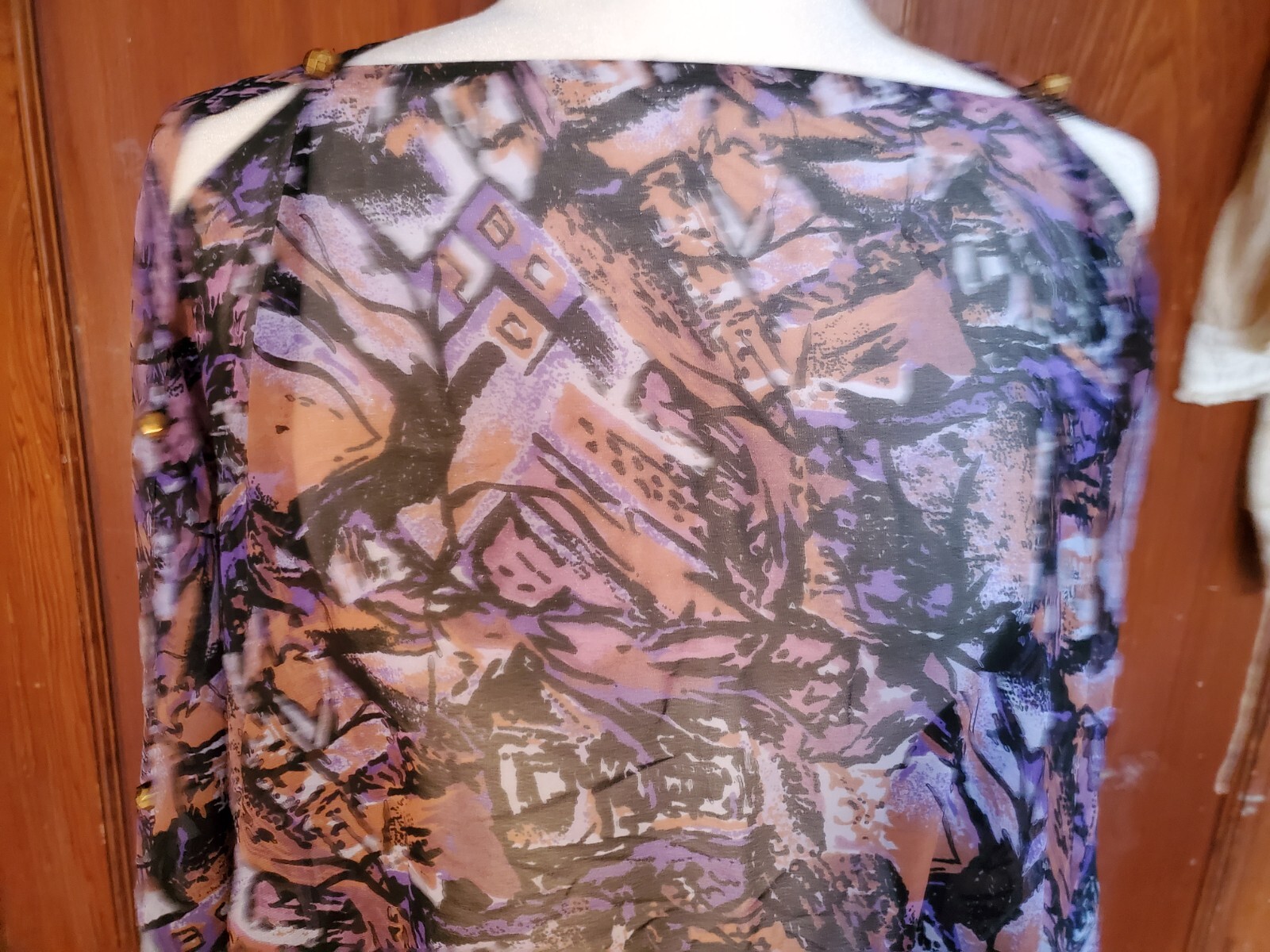 VIN XL SHEER OVERLAY LONG TUNIC TOP W/ PEEK-A-BOO SLEEVES-GEOMETRIC PURPLE TONES