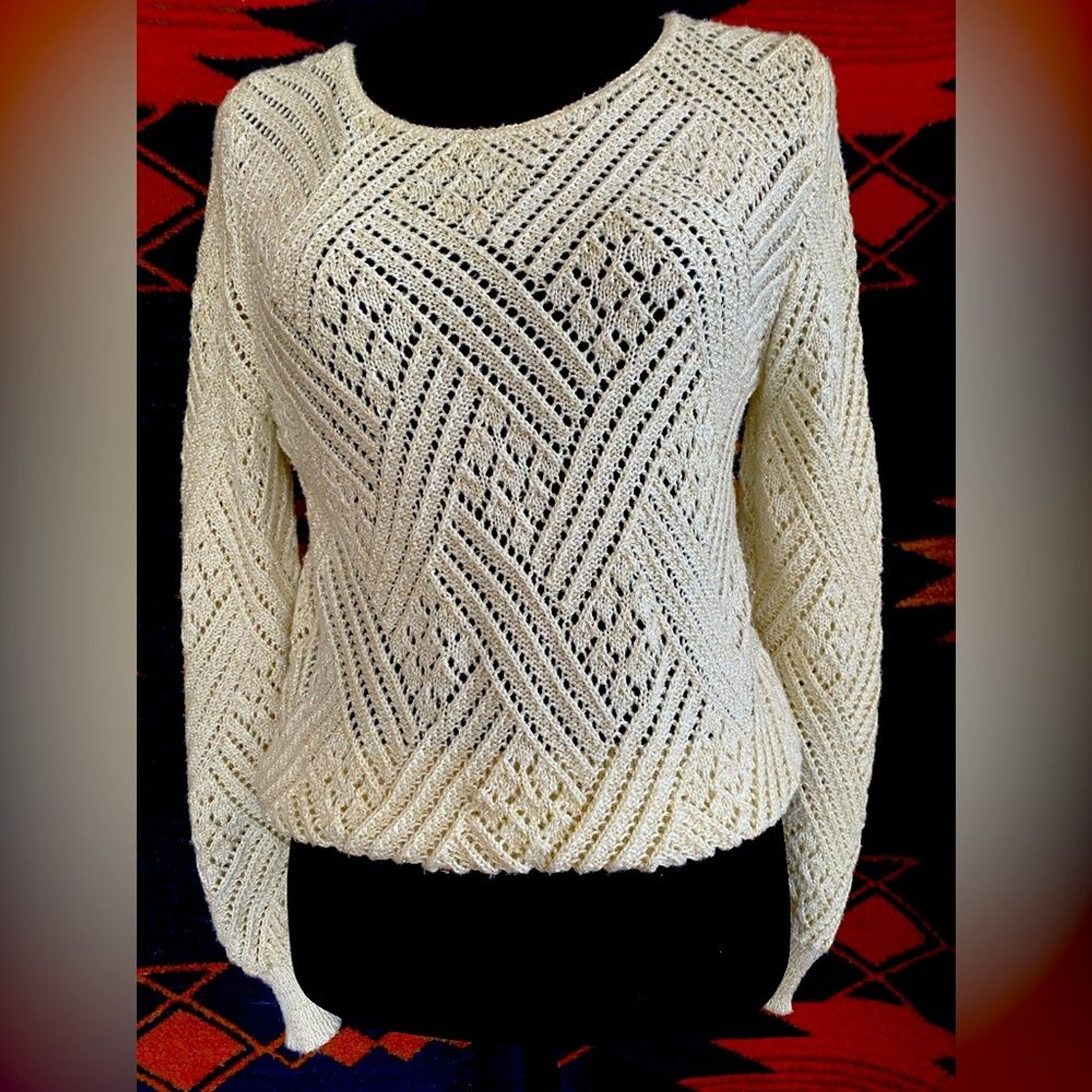 Vintage Arielle of New York Open Knit Light Sweater with Metallic Gold Thread. S