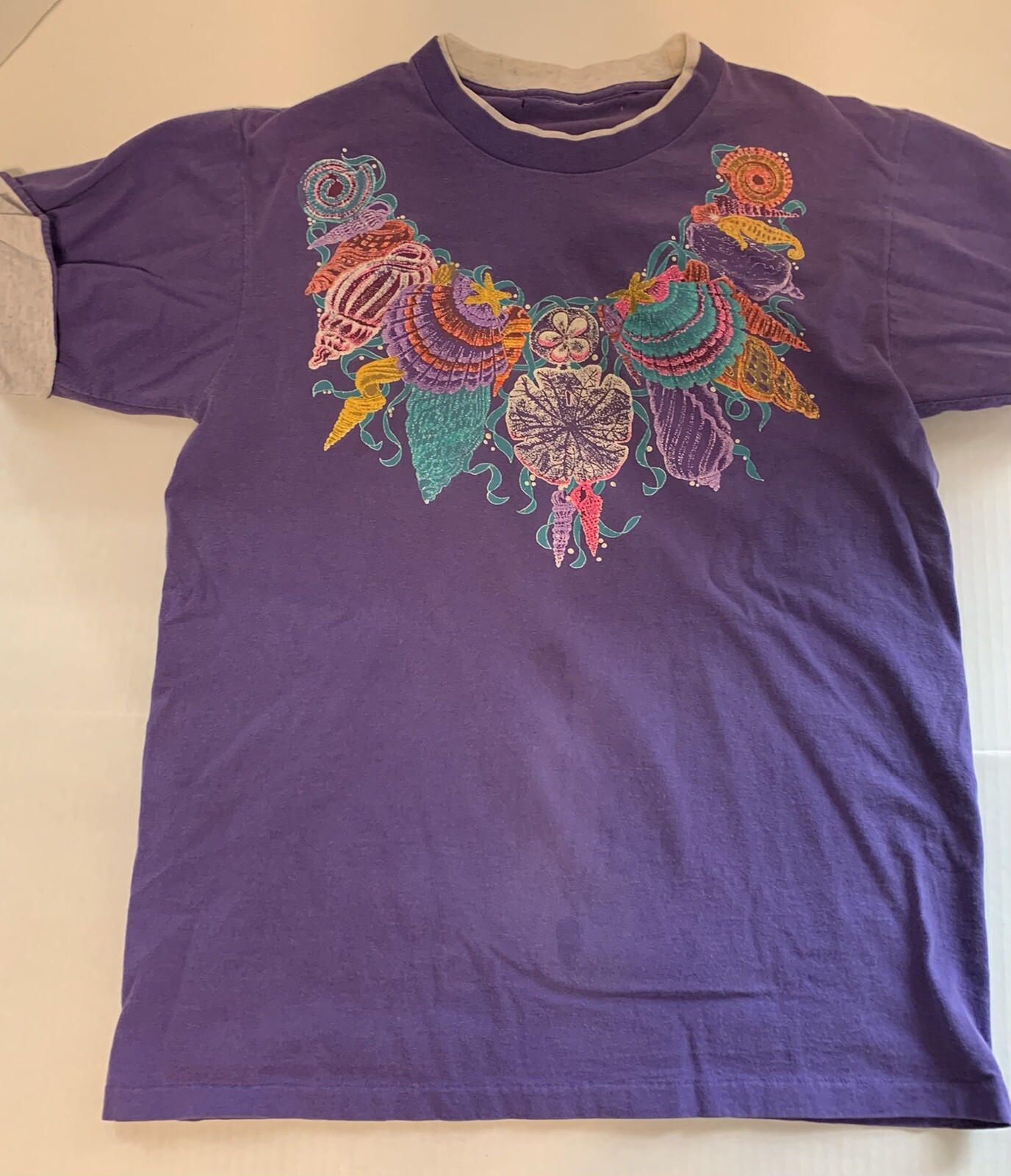 Vtg 90s Panama Jack Granny TShirt L ? Purple Shells Glittery Distressed Sea