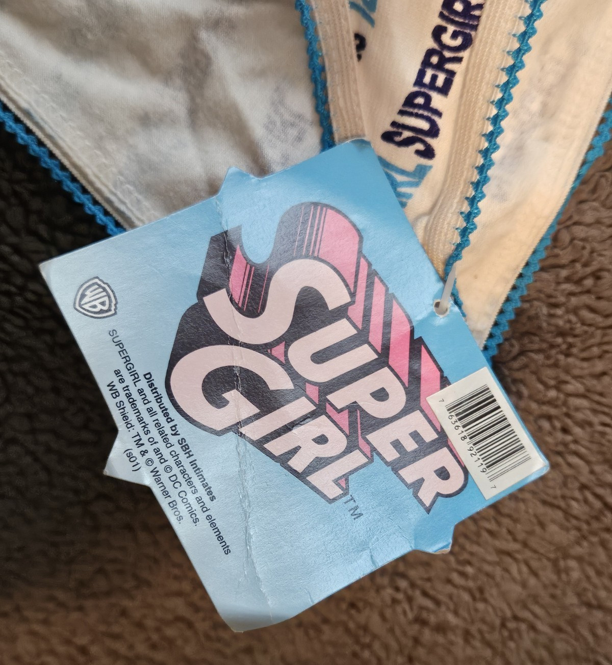 SuperGirl Intimates Women’s Bikini Panties Sz: SMALL Color: WHITE/BLUE WRITING