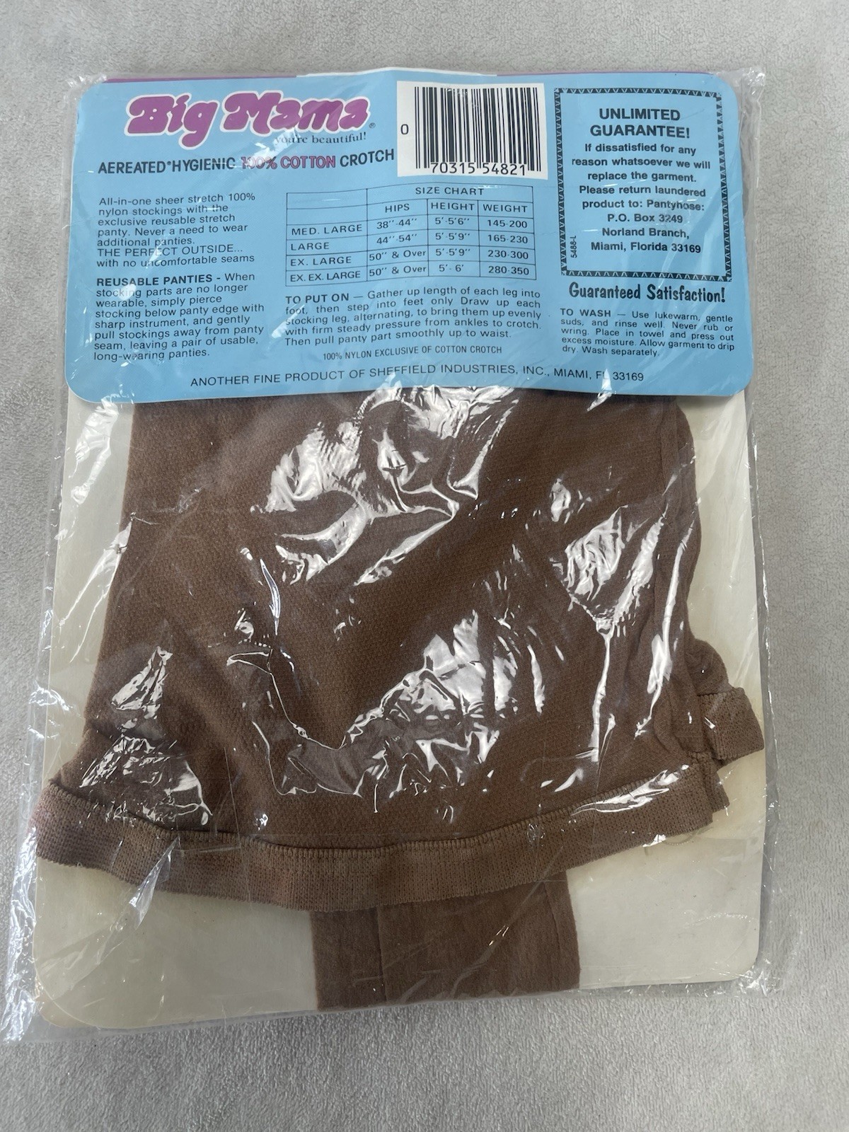 Big Mama Vintage Beigetone Pantyhose Large 5′-5’9″ 165-230lbs. 5488 New