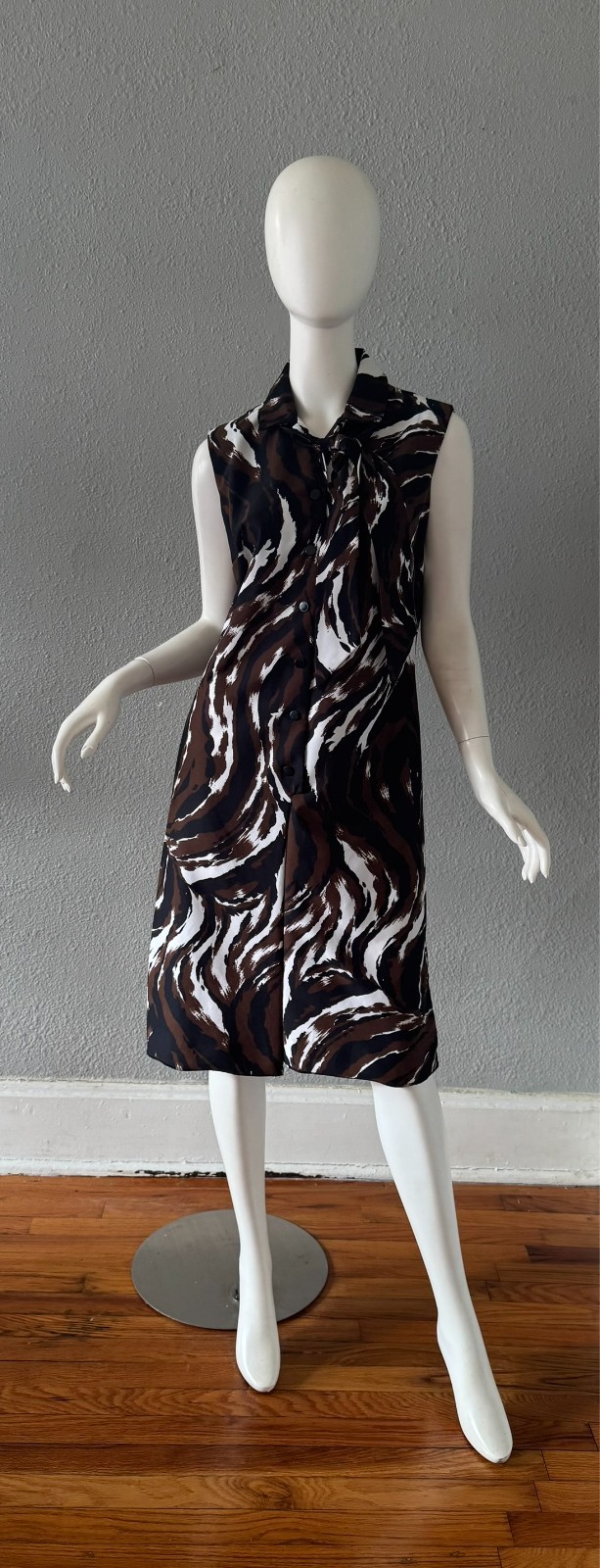 Vintage 60s Sleeveless Abstract Neck Tie MOD Button Shift Dress L