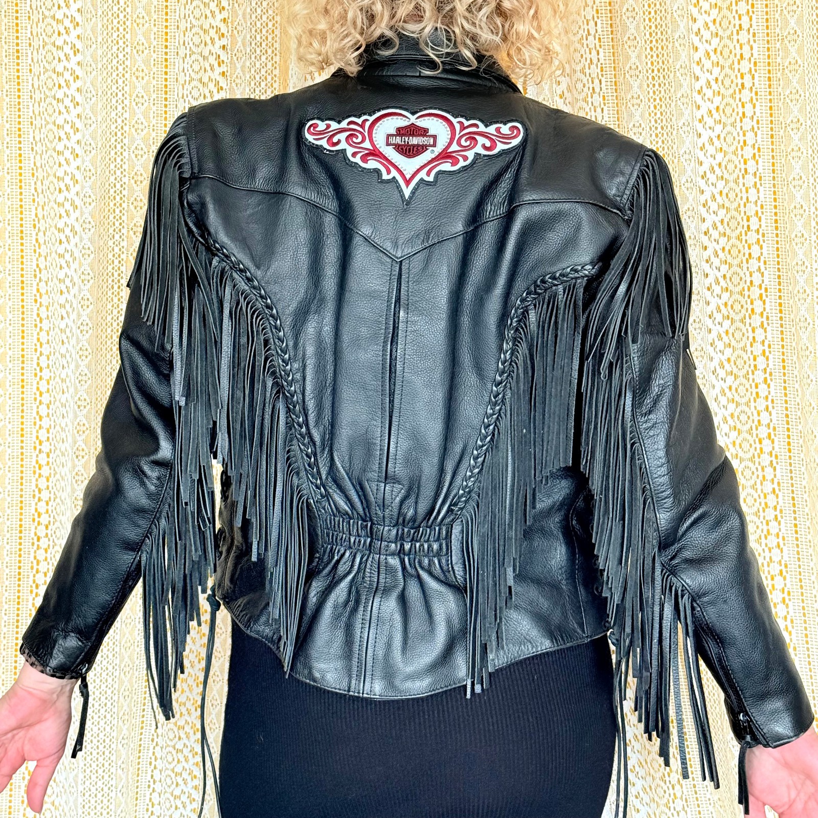 Vintage Women’s Harley Davidson Black Fringe Laceup Leather Biker Jacket Size M