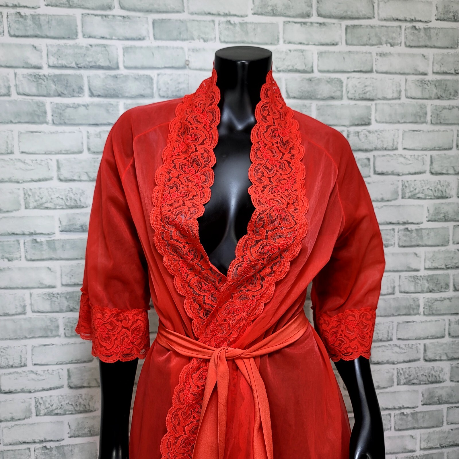 Vintage 70s CHIC Lingerie Size S Red Nylon Full Length Lace Trim Robe Glam