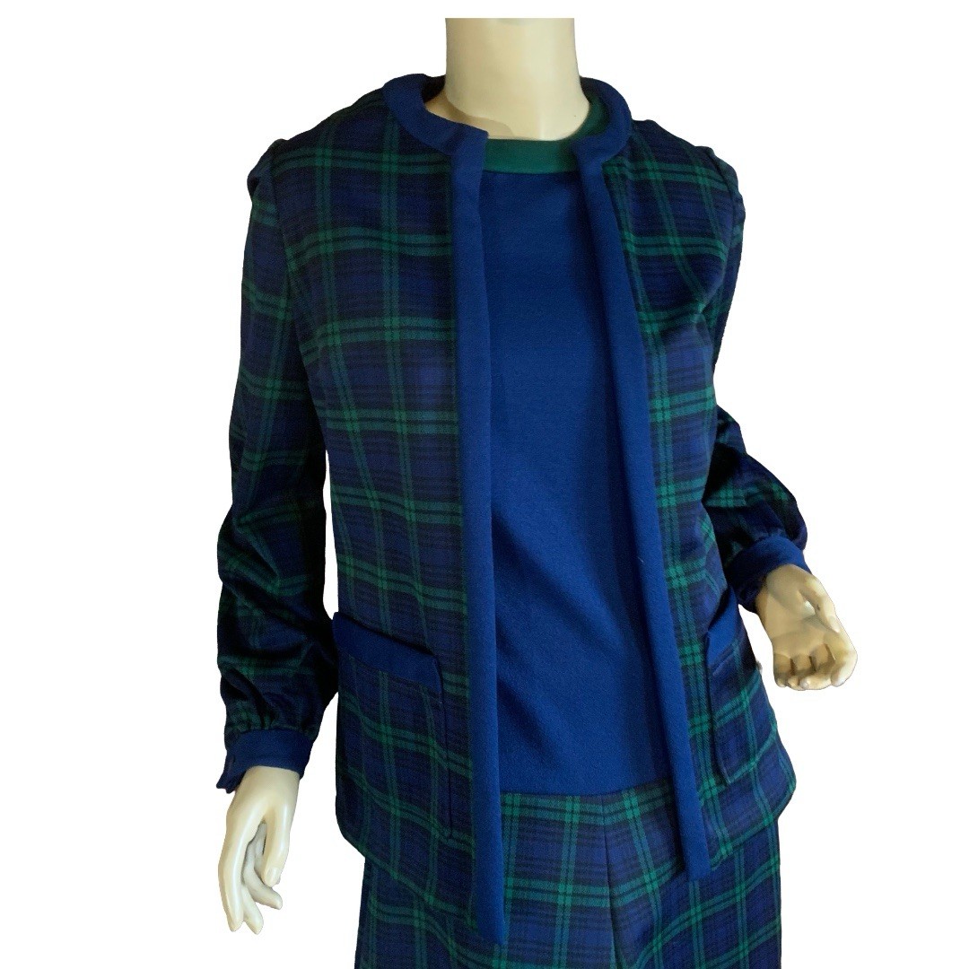 VINTAGE CIRCA 1960’S VOGUE COUTURIER BLUE PLAID DRESS & JACKET SET APPX MED