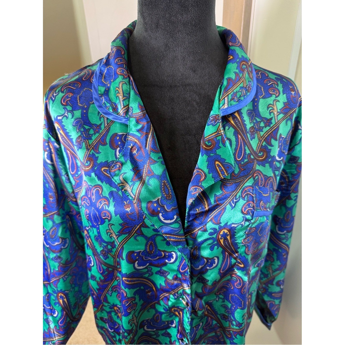 Vintage Kathryn Blue Green Jewel Tone Button Front Night Gown Paisley Short L
